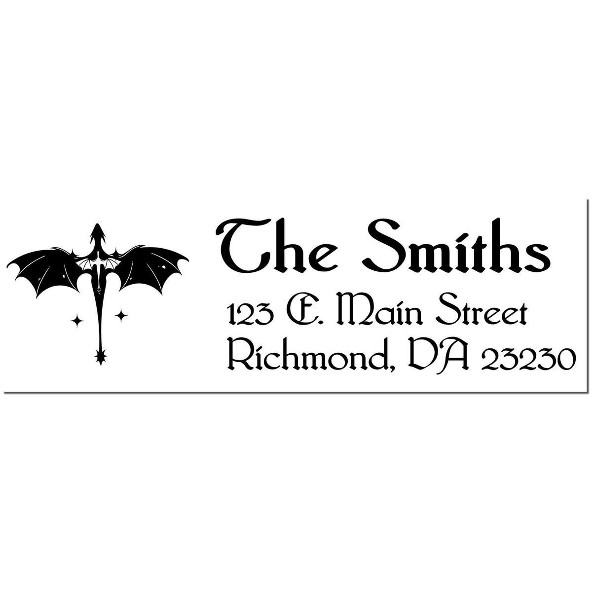 Black custom stamp with bat emblem and gothic lettering for The Smiths, 123 E. Main Street, Richmond, VA 23230.