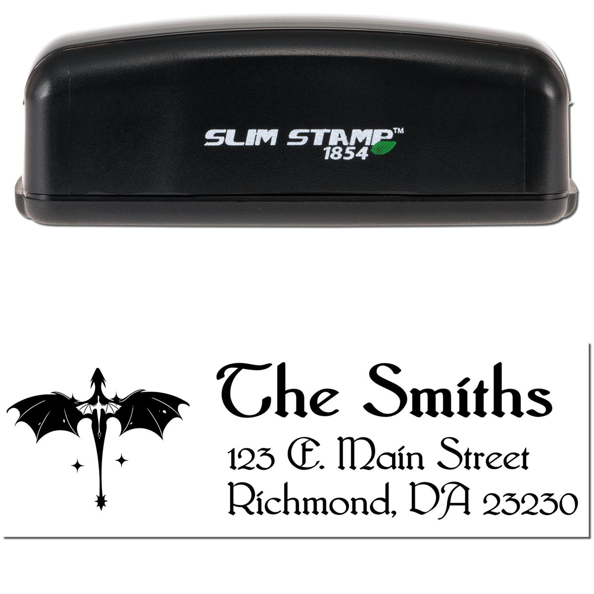 Black Slim Stamp 1854 self-inking stamp with gothic bat logo and The Smiths return address seal.