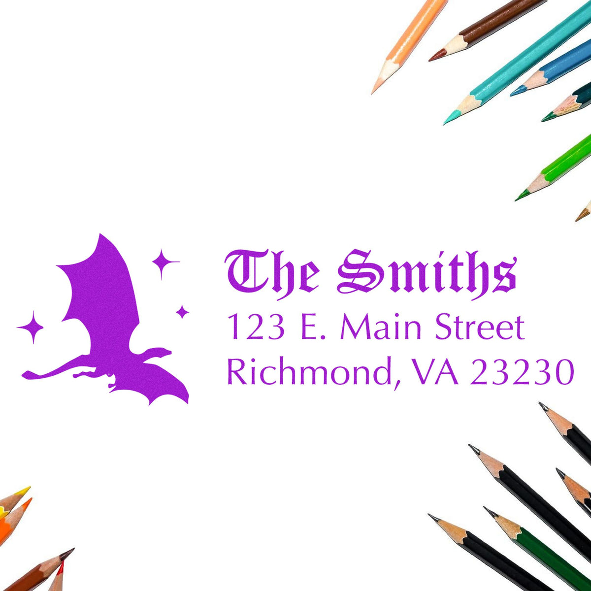 Purple custom stamp and seal for The Smiths with address, framed by colorful pencil tips on a white background.
