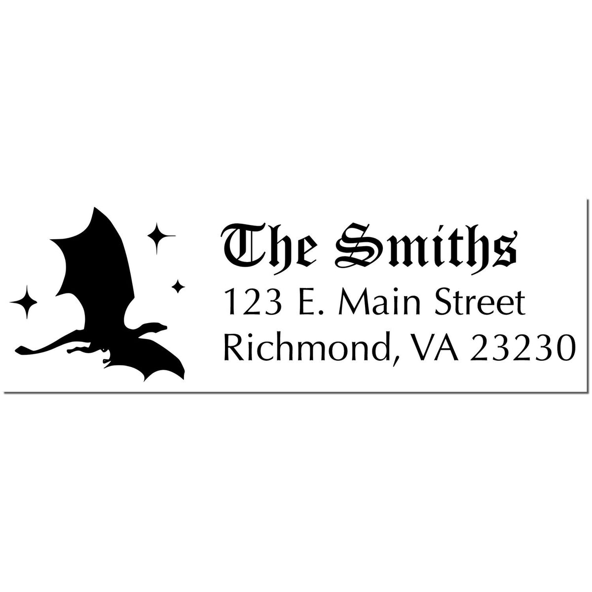 Black custom seal stamp with bat silhouette, stars, and gothic The Smiths name plus Richmond, VA address on white.