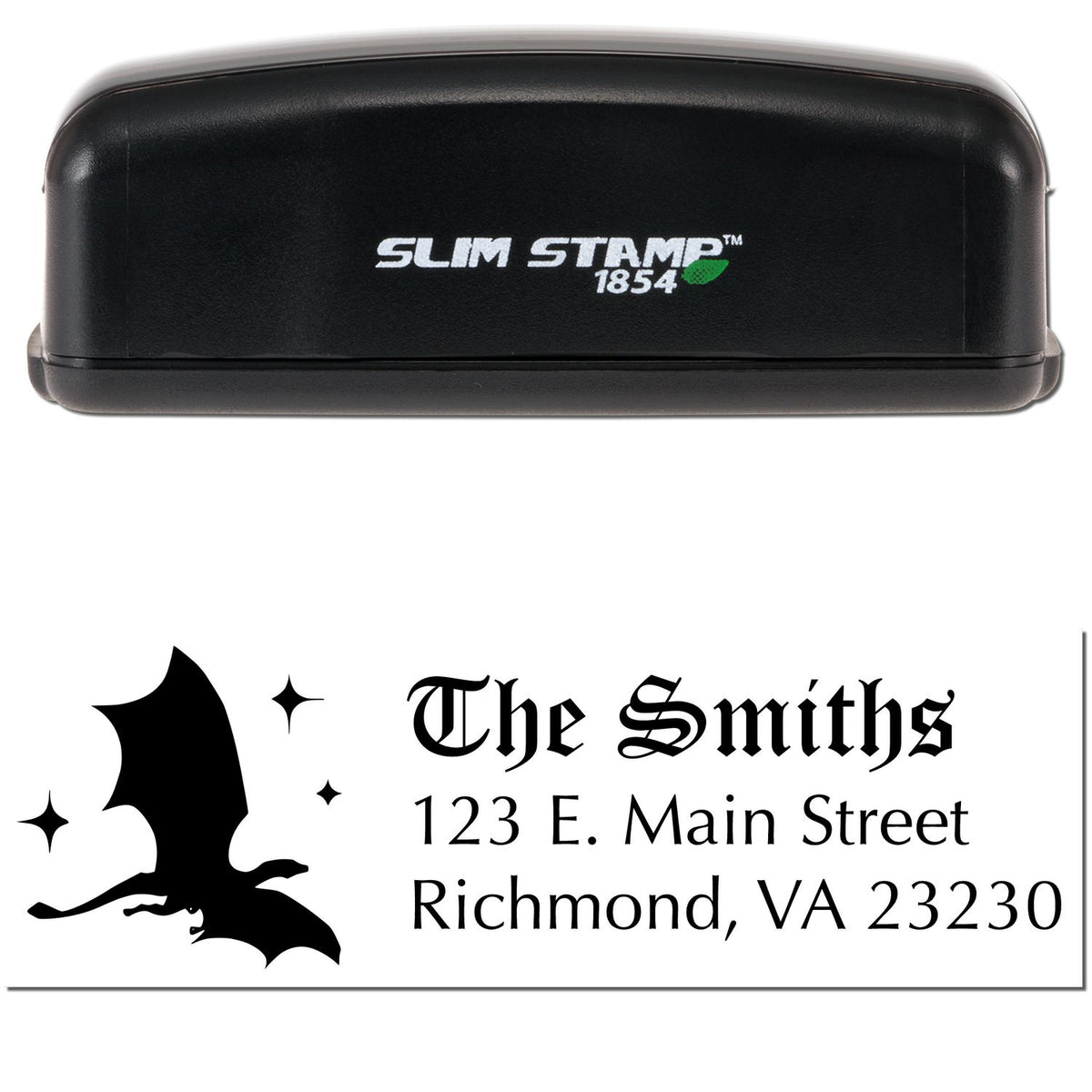 Black Slim Stamp 1854 self-inking stamp and seal with custom imprint: The Smiths, bat graphic, and address in black.