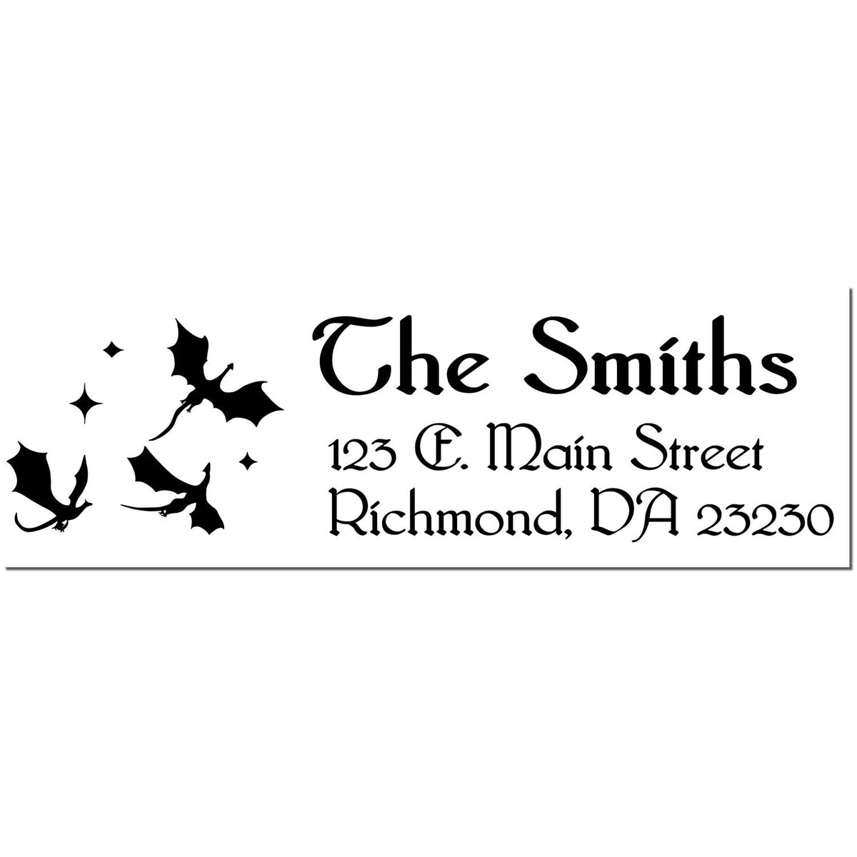 Black custom address stamp with bats and gothic lettering for The Smiths, 123 E. Main Street, Richmond, VA 23230