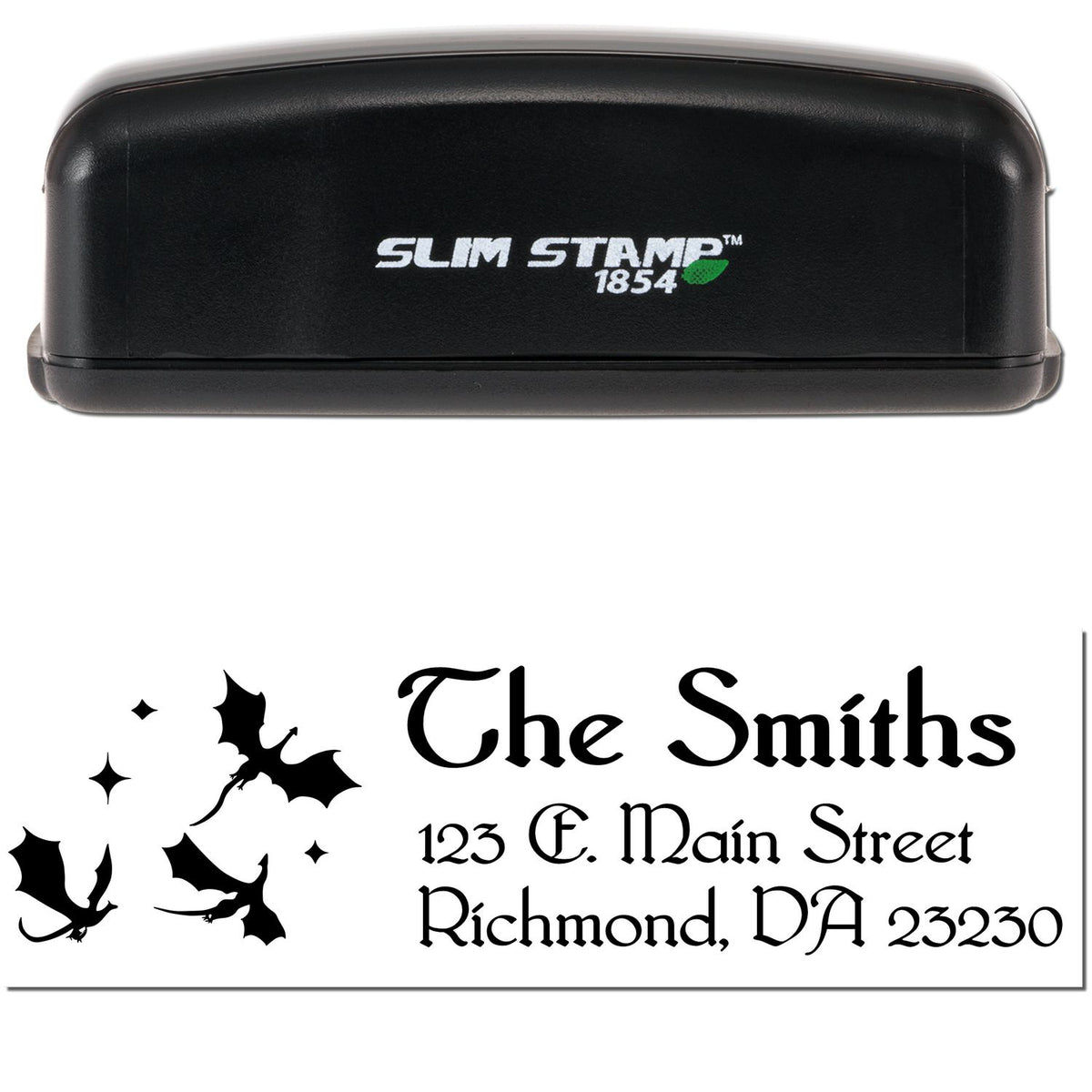 Black Slim Stamp 1854 self-inking stamp and seal with Halloween bats and The Smiths address in black.