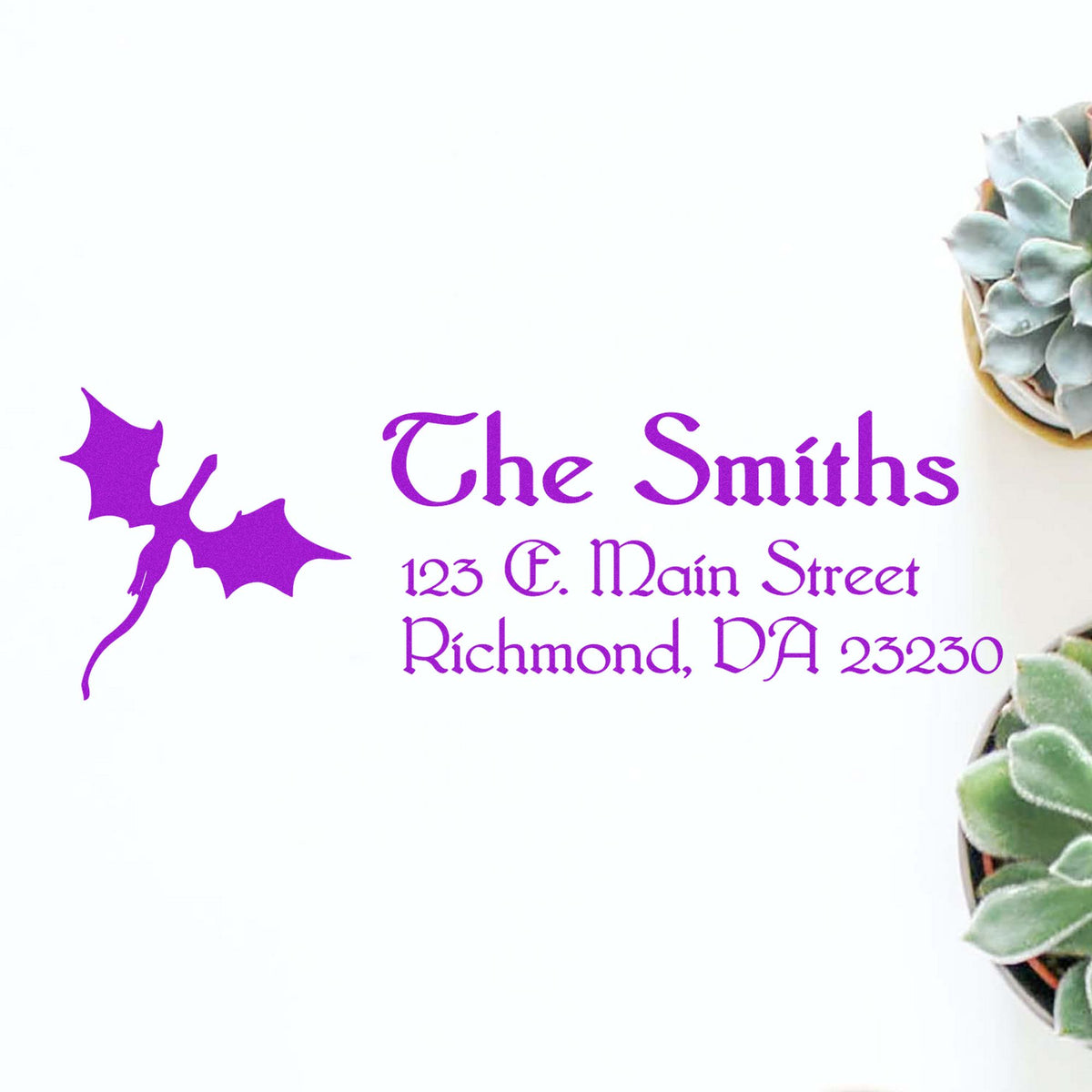 Purple custom stamp and seal design with leaf logo, The Smiths address, on white with succulent border.
