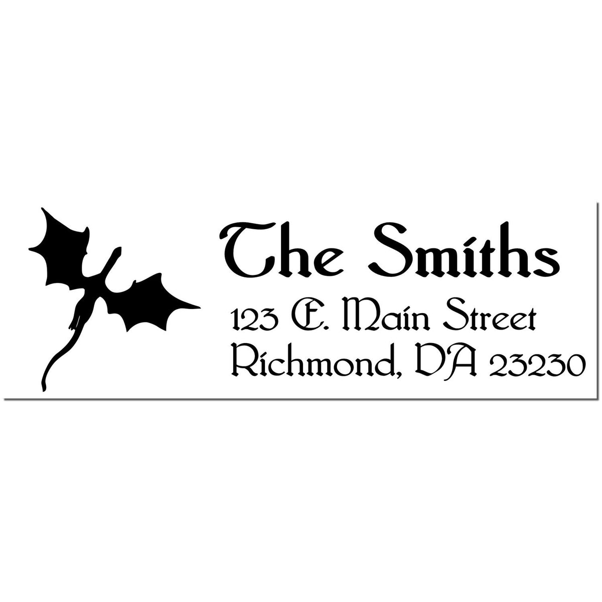 Custom black address stamp and seal with bat silhouette, The Smiths, 123 E. Main Street, Richmond, VA 23230