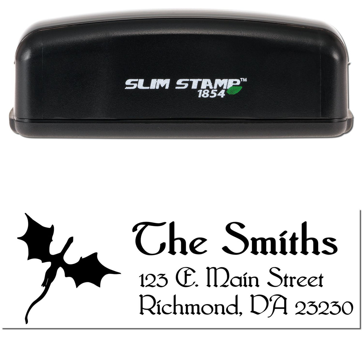 Black Slim Stamp 1854 self-inking stamp with custom black bat seal and address text on white background