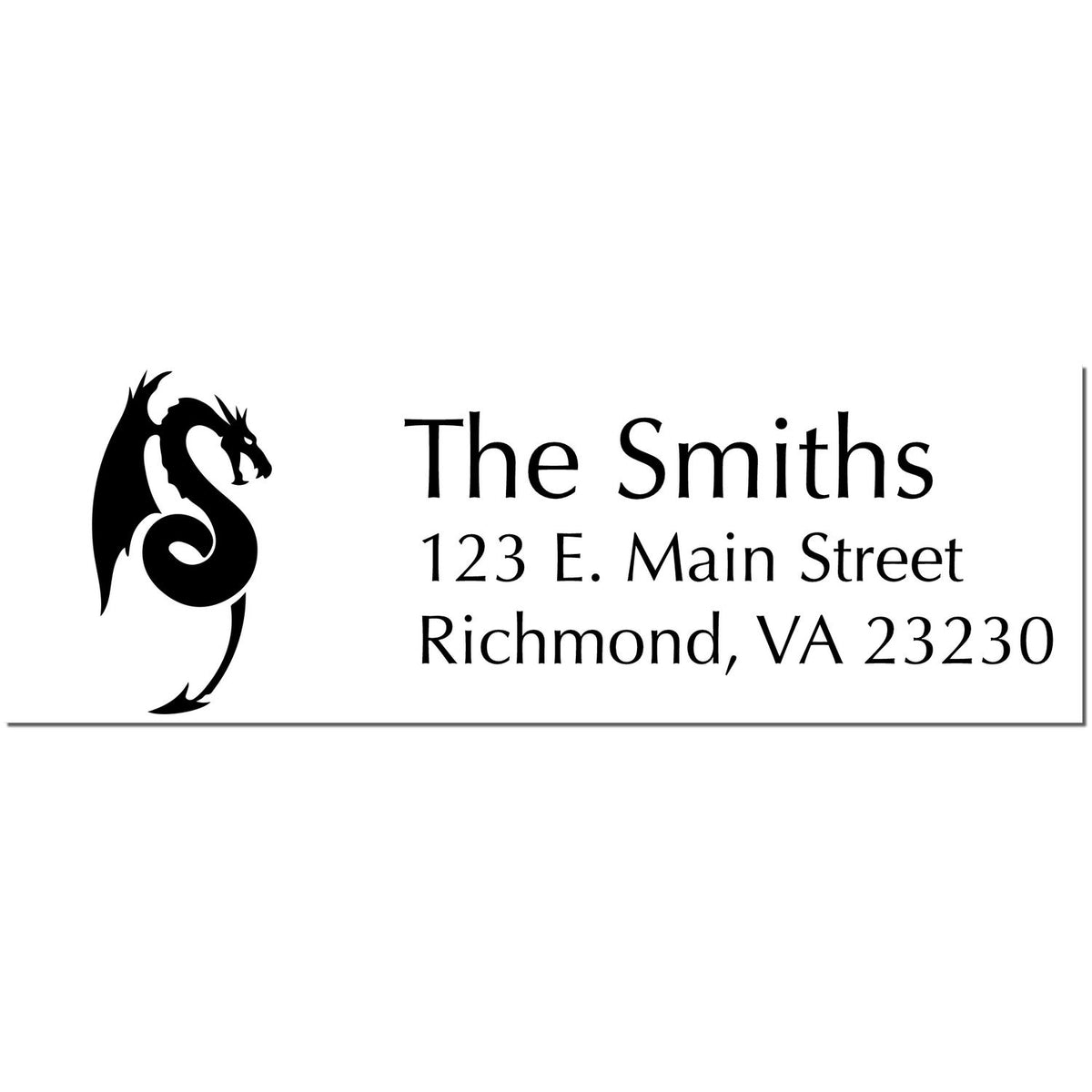 Custom black return-address stamp/seal with dragon logo for The Smiths, 123 E. Main Street, Richmond, VA 23230.