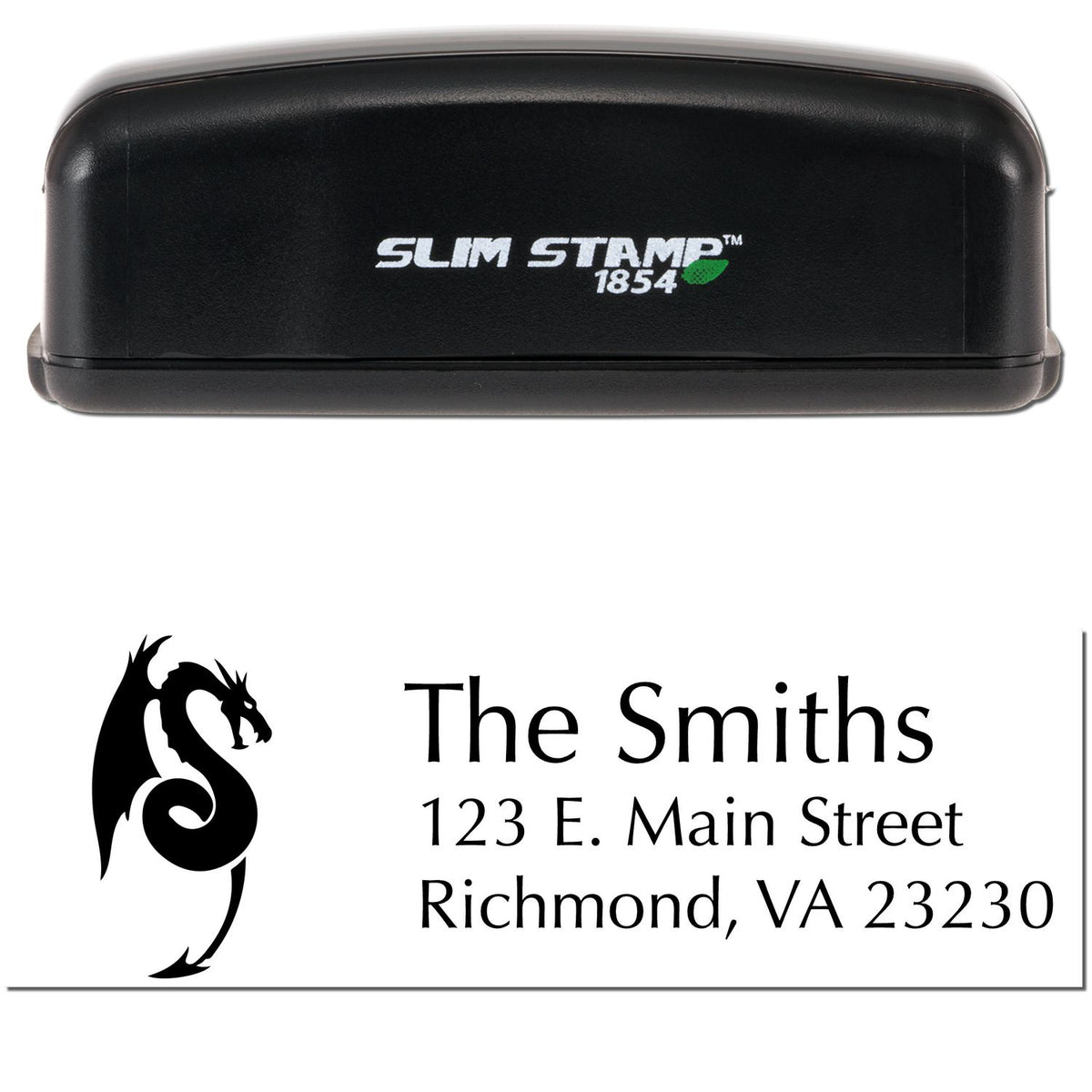 Black Slim Stamp 1854 self-inking stamp and seal with dragon logo and custom address for The Smiths, Richmond, VA
