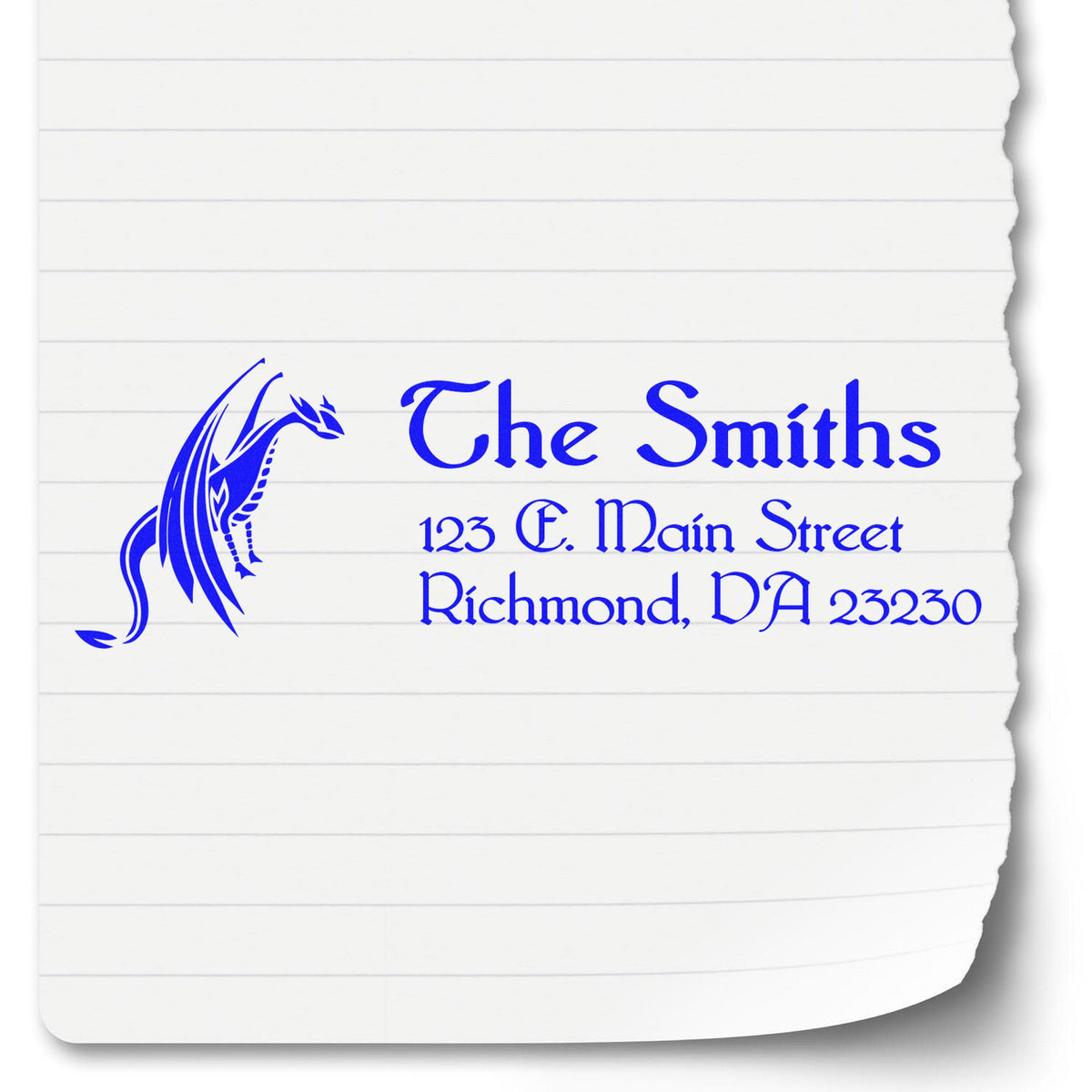 Blue custom address stamp and seal with dragon logo on white lined paper, reading The Smiths, 123 E. Main Street, Richmond, DA 23230