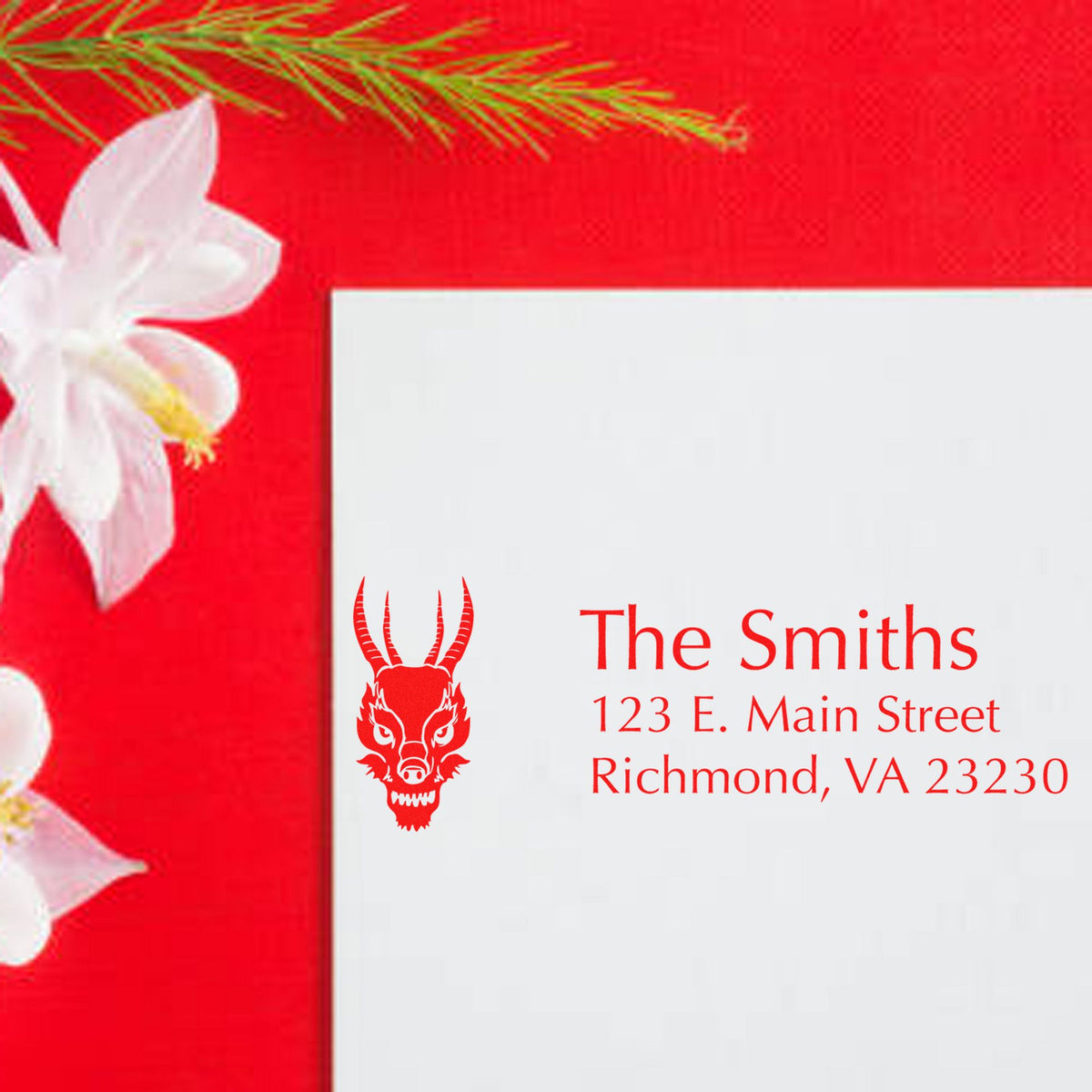 Red and white custom stamp and seal stationery with dragon emblem and The Smiths address in Richmond, VA.