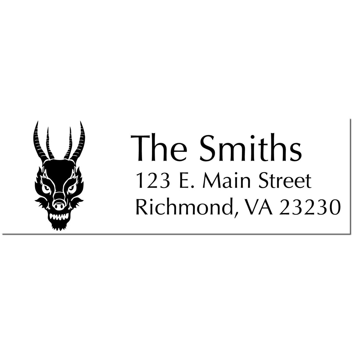 Black custom address stamp and seal with horned skull logo, The Smiths, 123 E. Main Street, Richmond, VA 23230.