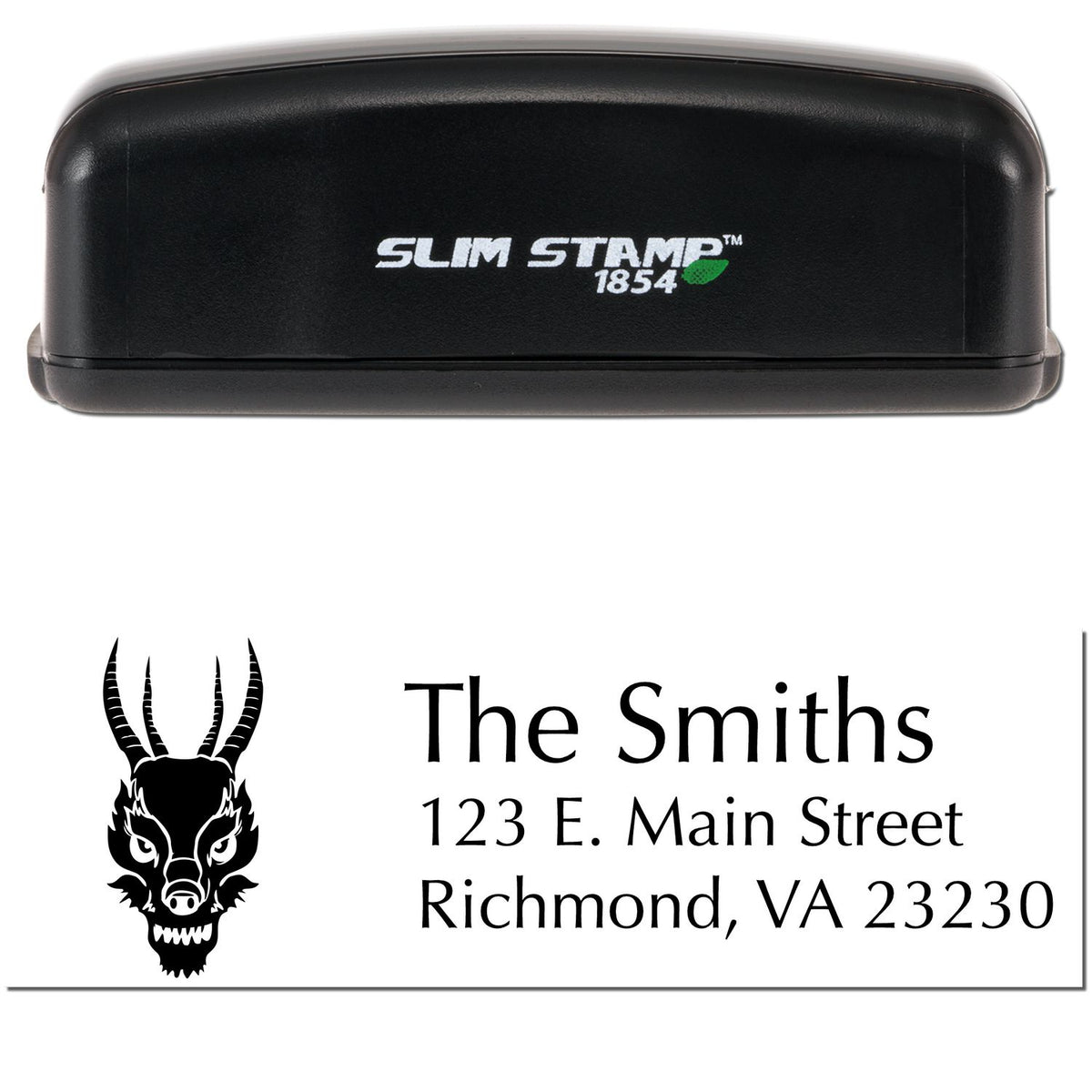 Black Slim Stamp 1854 address seal with antelope logo, The Smiths, 123 E. Main Street, Richmond, VA 23230