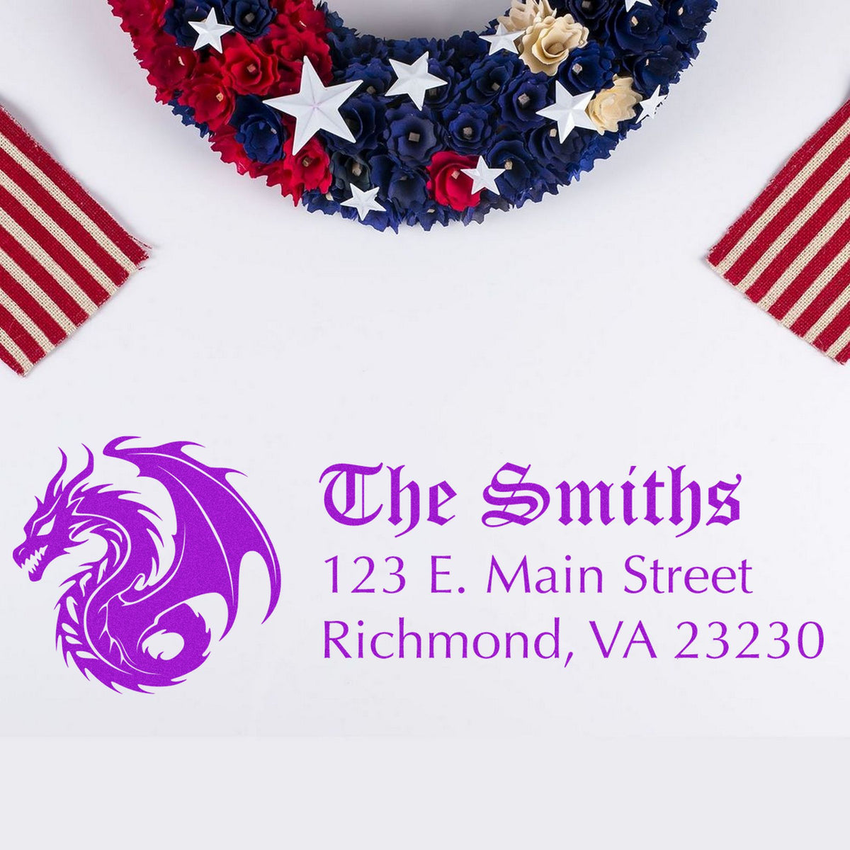 Purple custom address stamp and seal with dragon logo; patriotic red, white and blue floral seal wreath with stars.