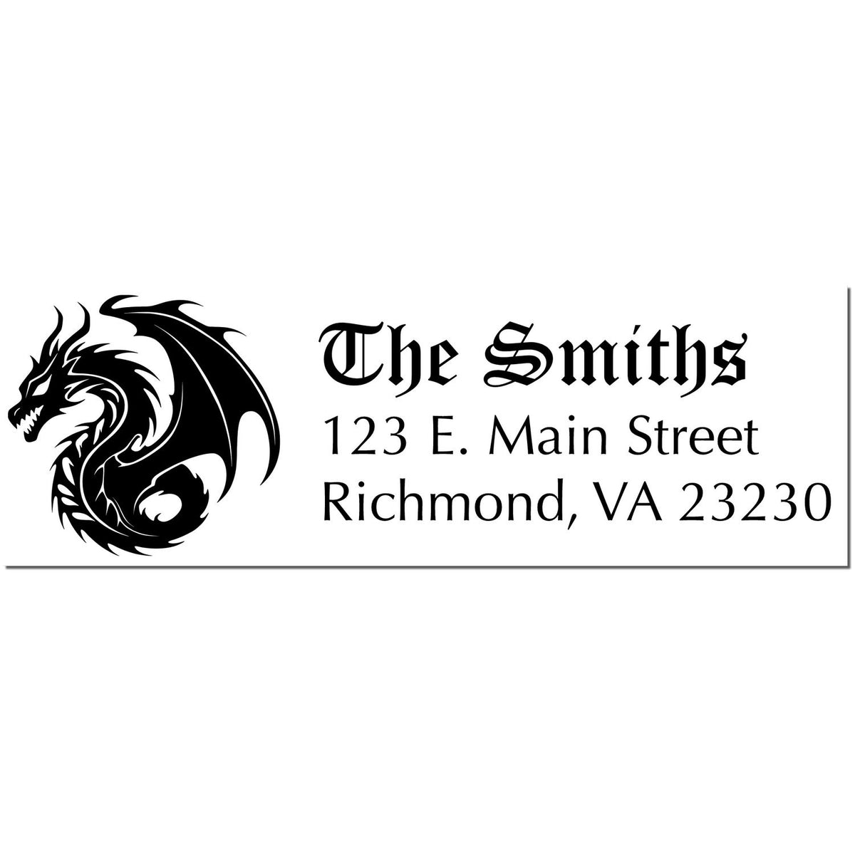 Black custom address stamp and seal with dragon logo, The Smiths, 123 E. Main Street, Richmond, VA 23230 on white background.