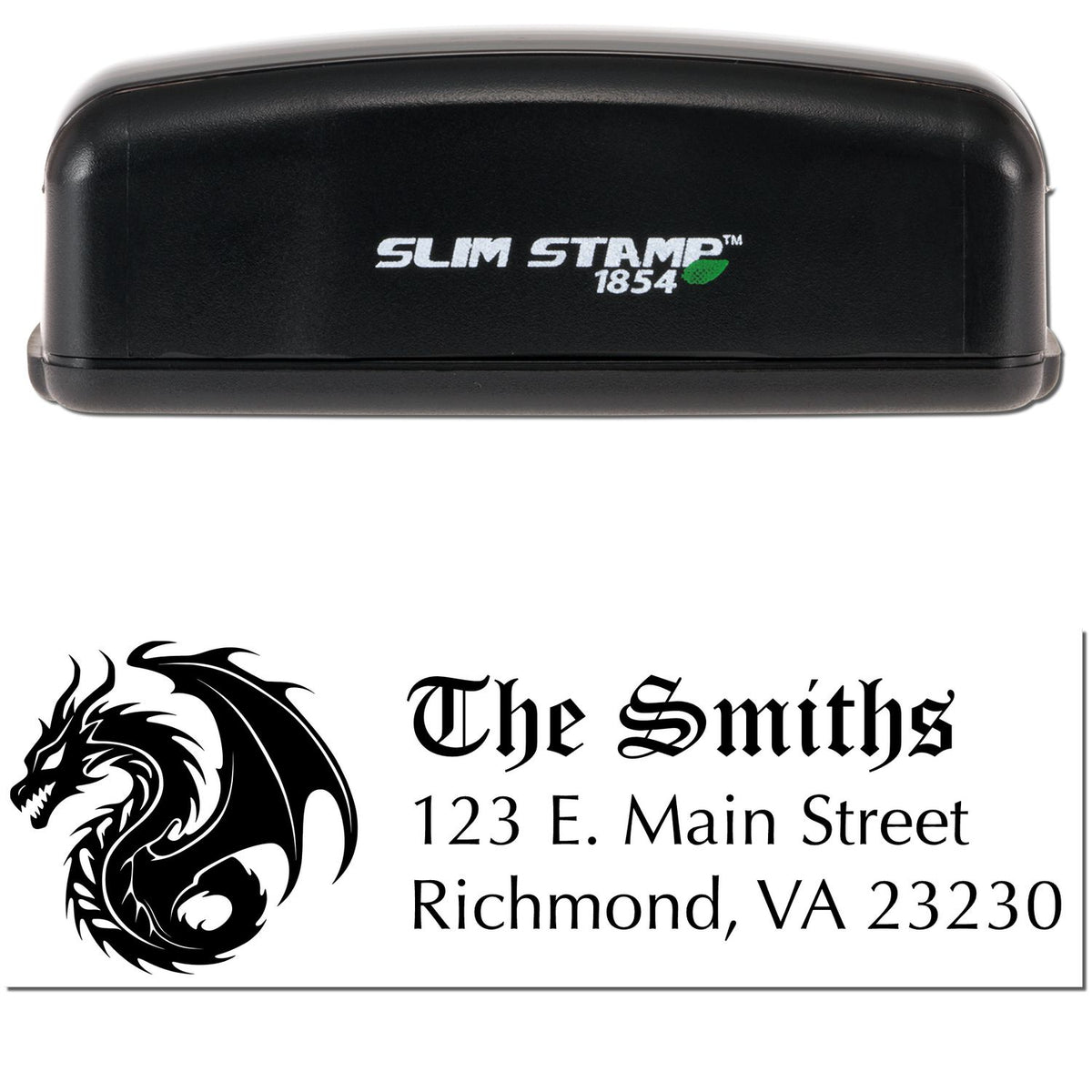 Black Slim Stamp 1854 self-inking stamp and custom seal with dragon logo and The Smiths address in black on white