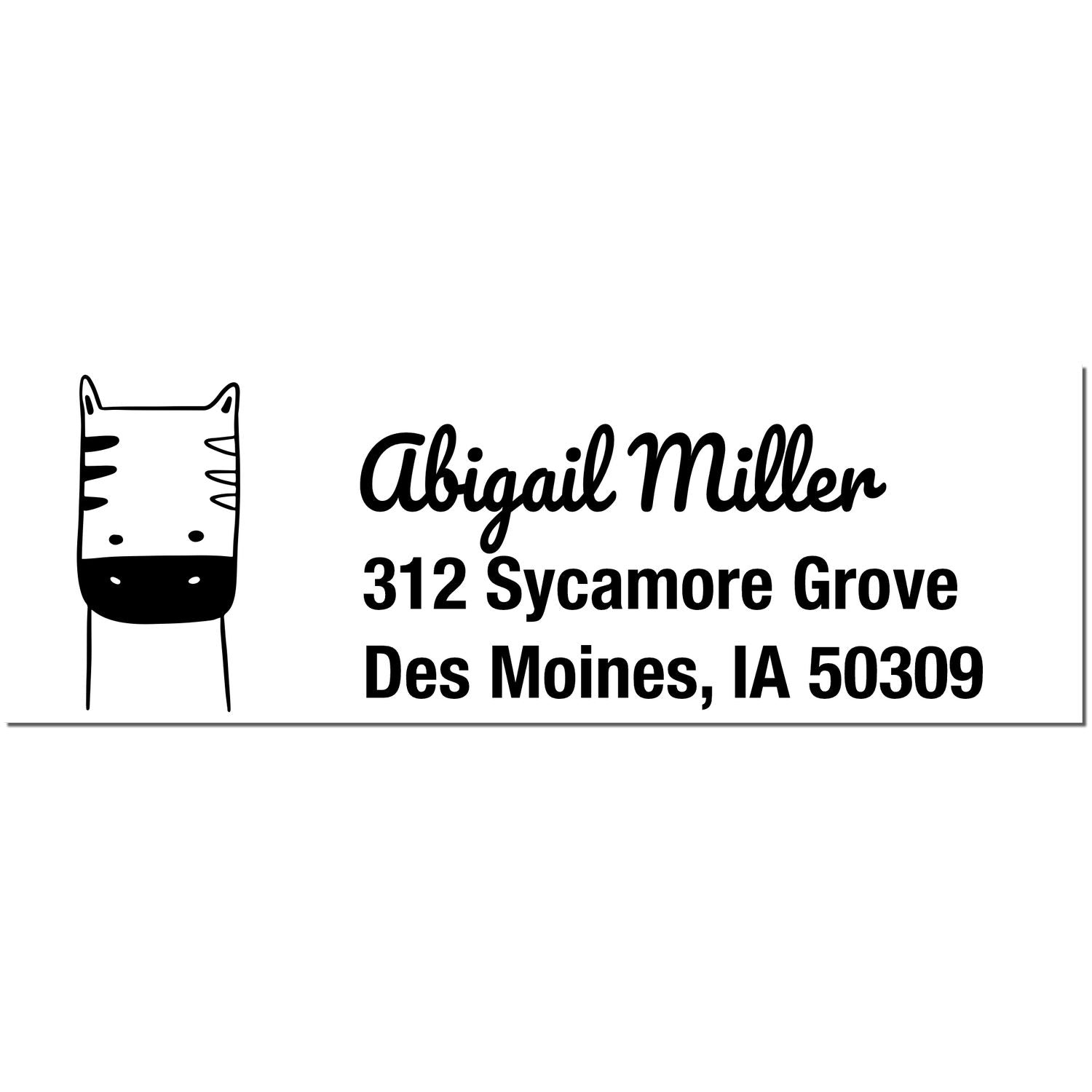 Frolicsome Zebra Customizable Home Address Self-Inking Stamp featuring a playful zebra illustration. The Custom-Made Address Stamp displays "Abigail Miller, 312 Sycamore Grove, Des Moines, IA 50309" in bold, stylish font.