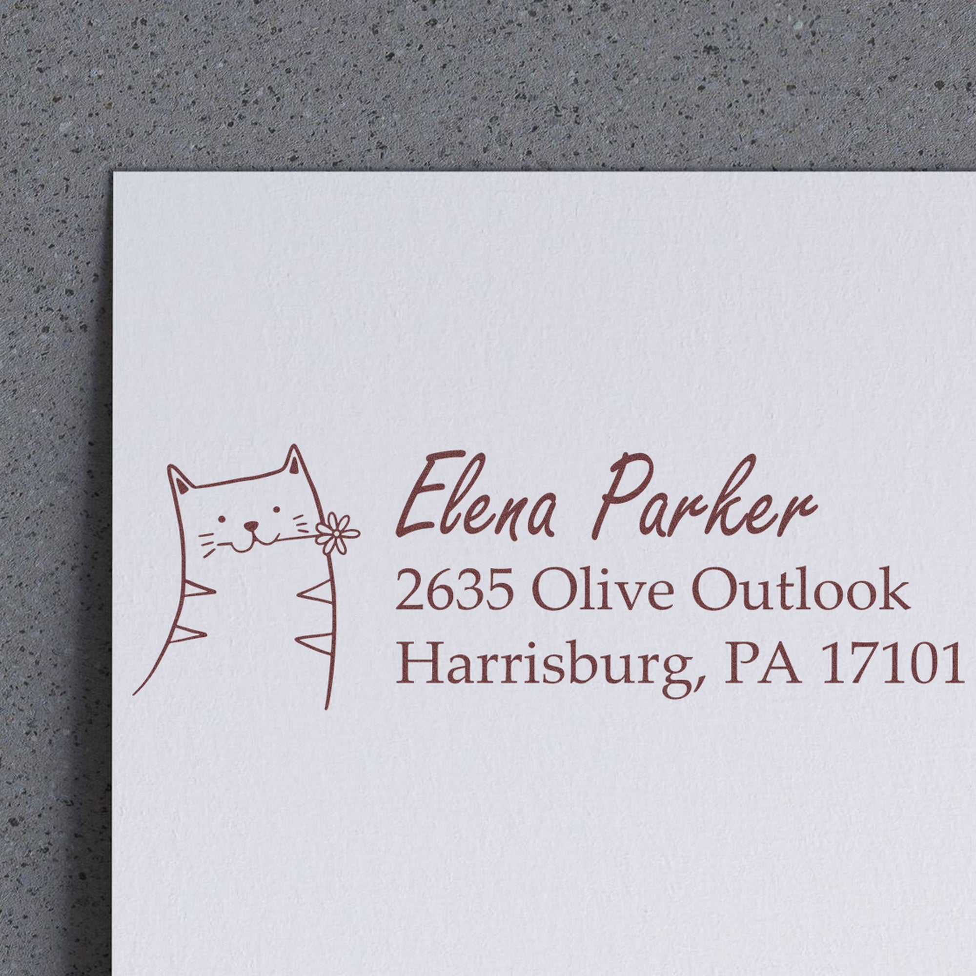 Wood Handle Fluffy Feline Handmade Return Address Rubber Stamp