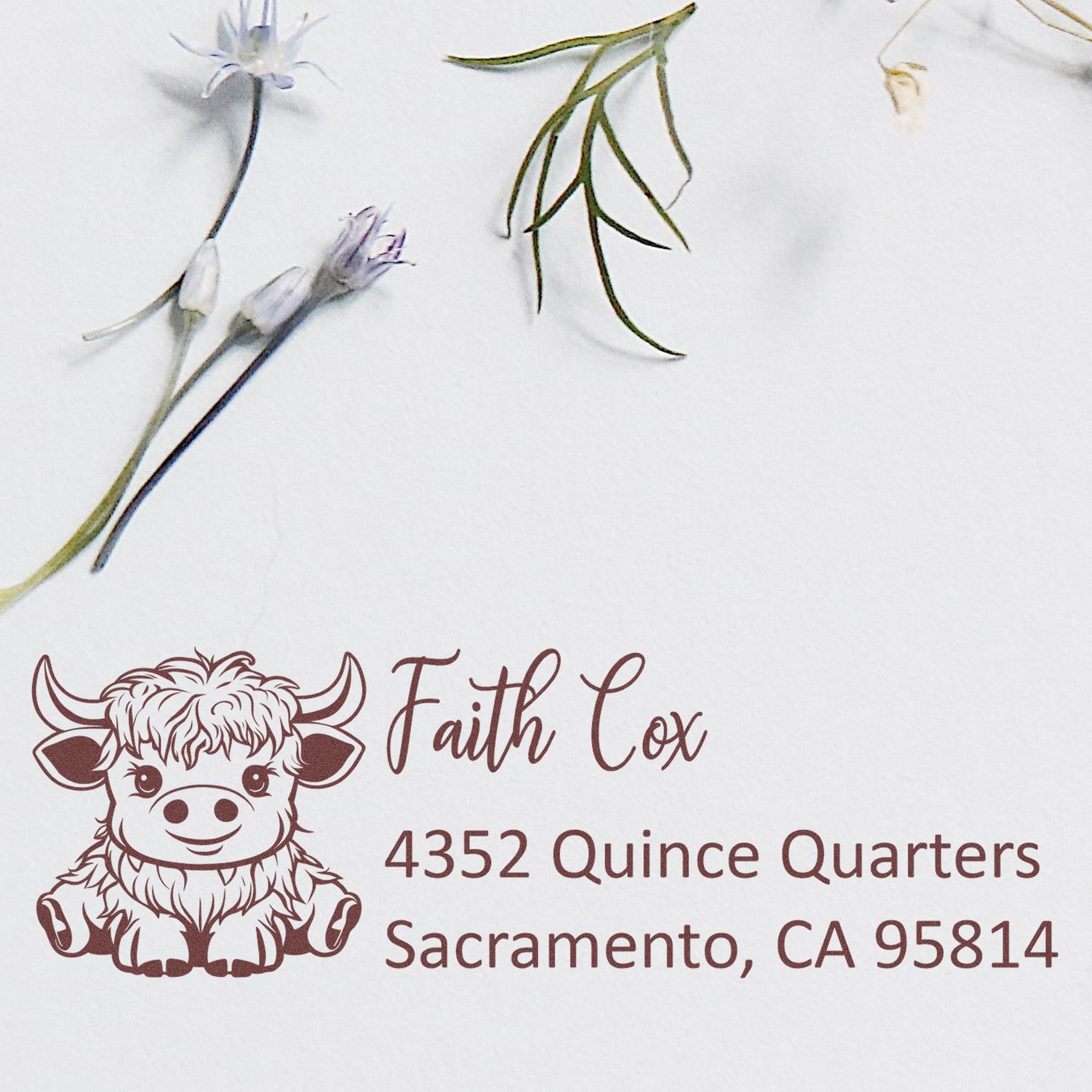 Brown custom address stamp and seal with cow logo, Faith Cox, 4352 Quince Quarters, Sacramento CA 95814, on white background.