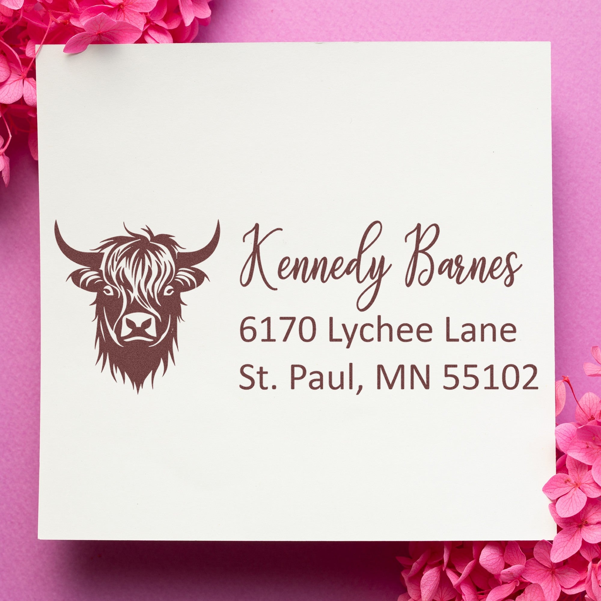 PSI Camouflaged Highland Cow Custom Mailing Address Pre-Inked Stamp