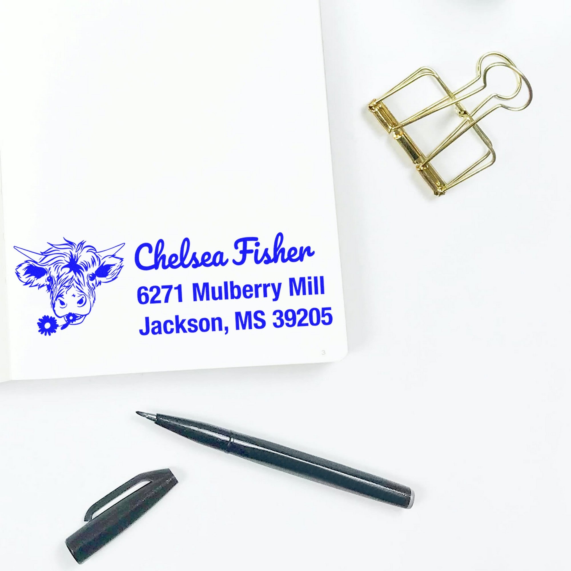 Slim Pre-Inked Pretty Highland Cow Customize Mailing Address Stamp