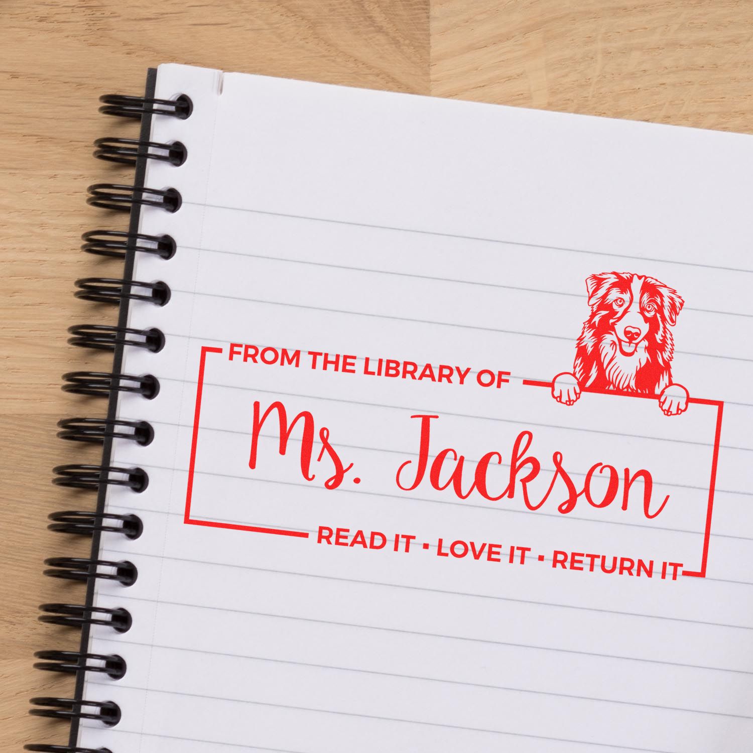 Custom Library Tool Stamp with Australian Shepherd - Engineer Seal Stamps