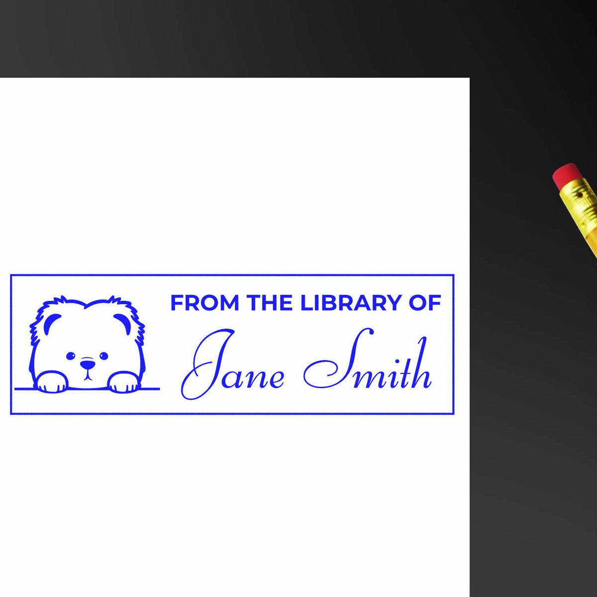 Blue custom library stamp seal with bear icon and From the Library of Jane Smith text on white.