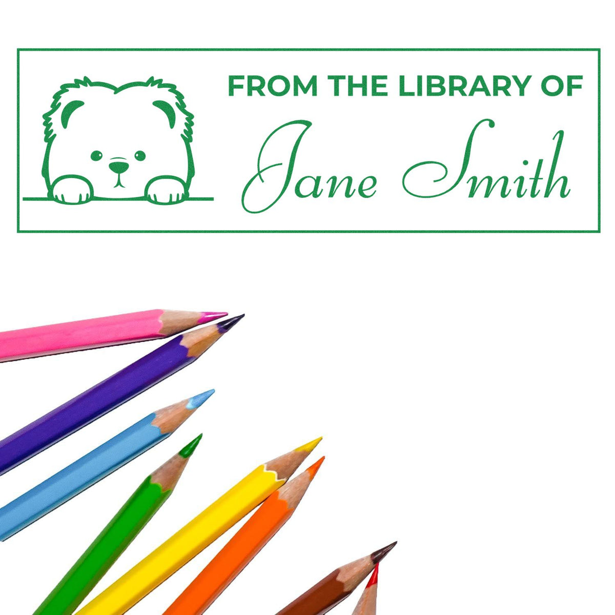 Green custom library stamp with bear and From the Library of Jane Smith text, plus colorful pencils.