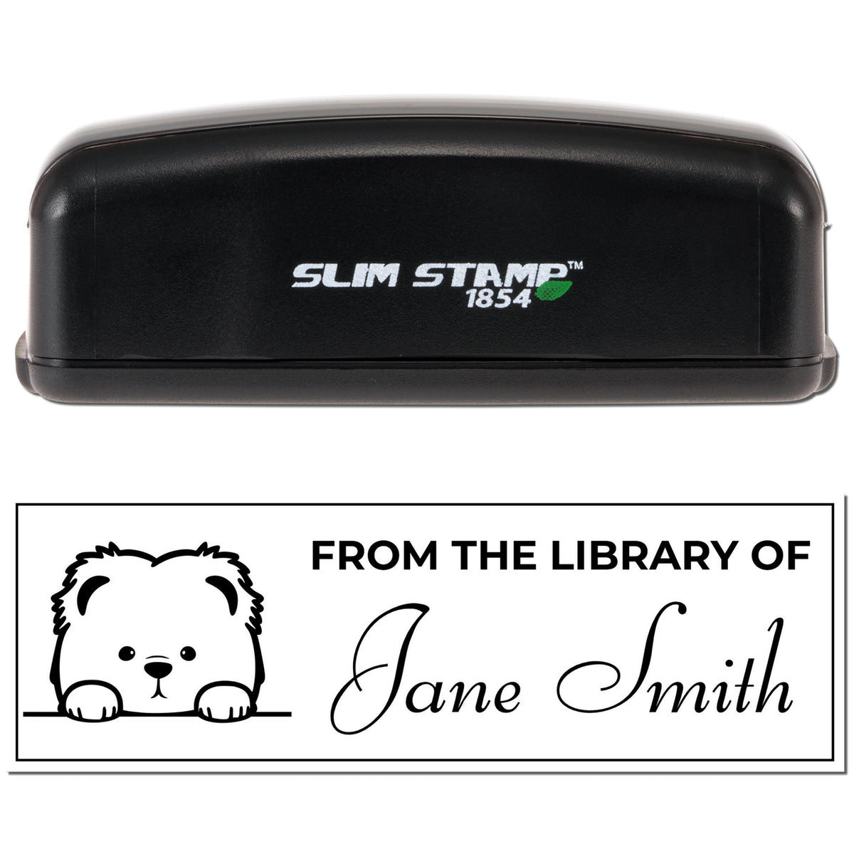 Black Slim Stamp 1854 self-inking library seal with bear outline and From the library of Jane Smith text.
