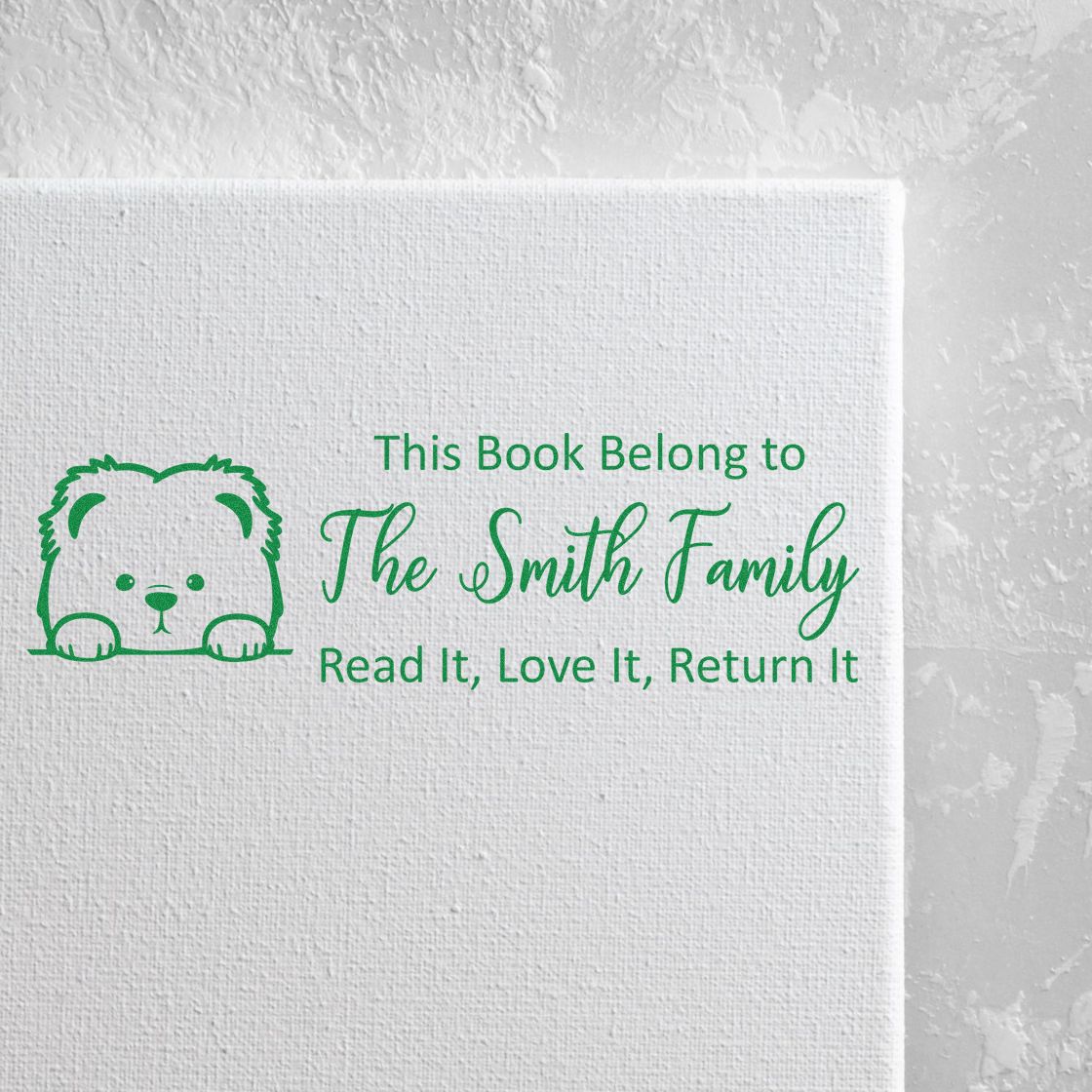 Green custom book ownership stamp with bear icon and The Smith Family text on white canvas.