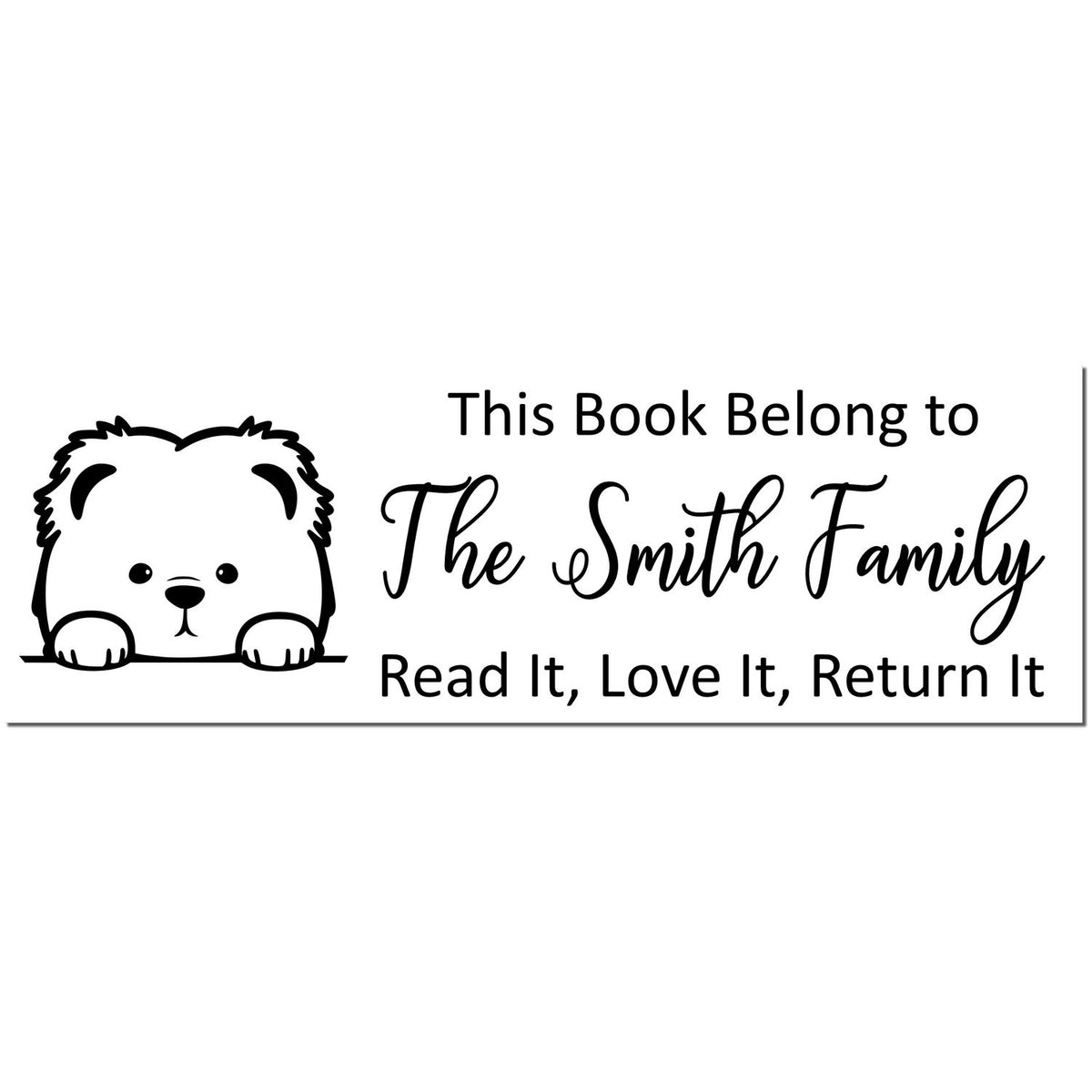 Black custom book stamp with bear illustration and text: This Book Belong to The Smith Family Read It, Love It, Return It