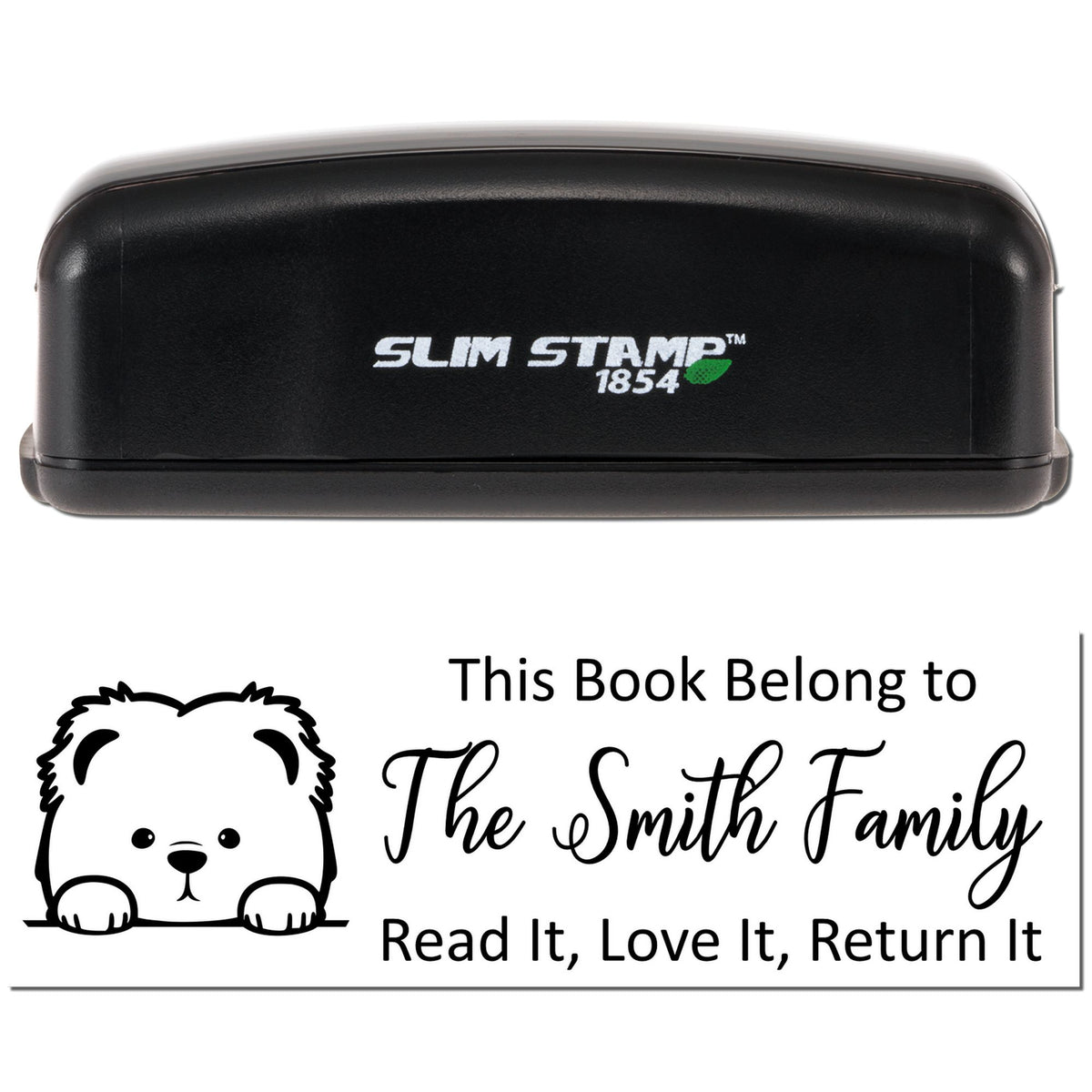 Black Slim Stamp 1854 book stamp and seal with bear design and personalized The Smith Family bookplate text.