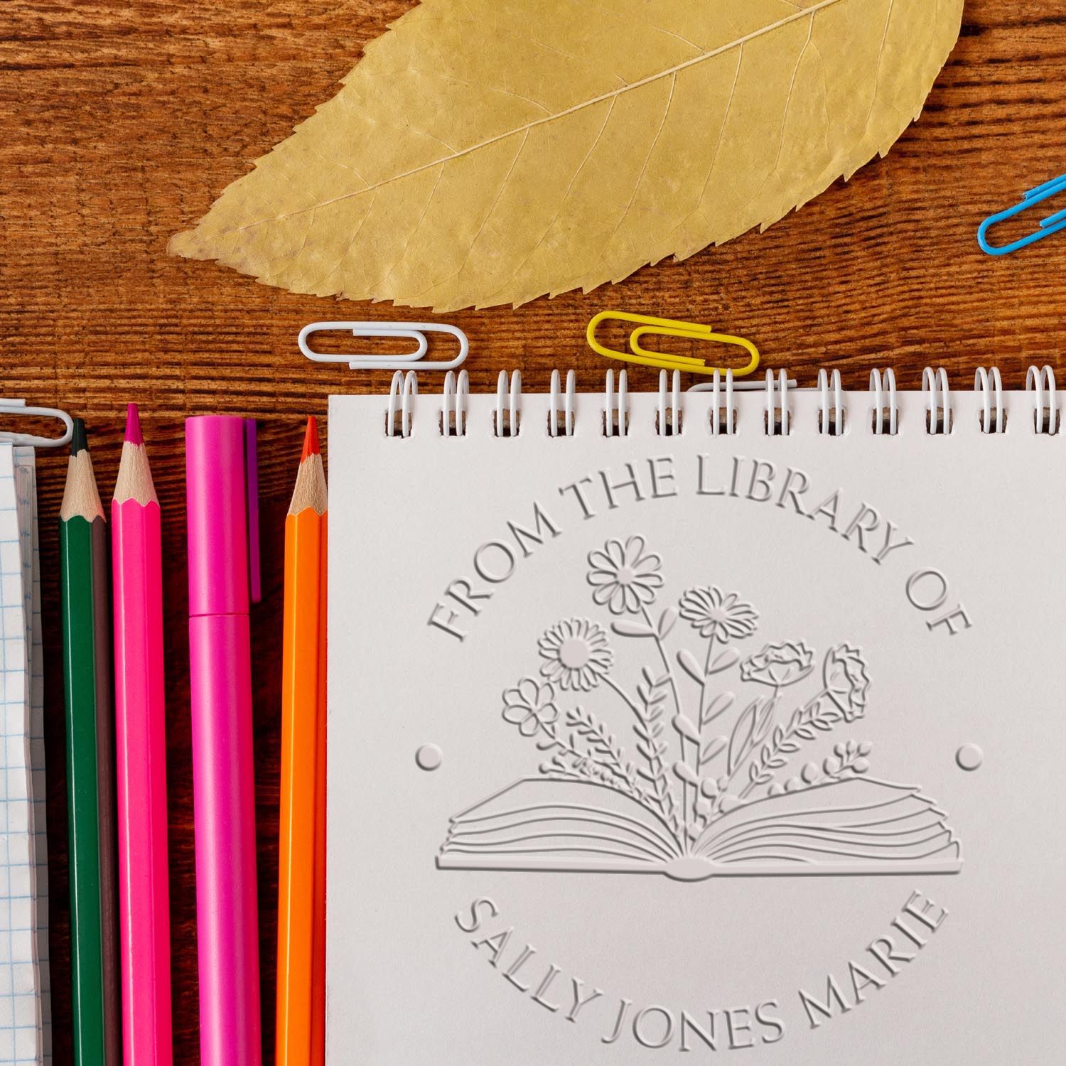 Desk Open Book with Wild Flowers Custom Made Bookworm Embossing Stamp - Engineer Seal Stamps