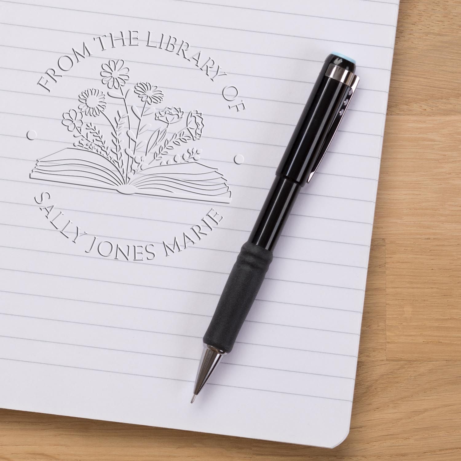 Desk Open Book with Wild Flowers Custom Made Bookworm Embossing Stamp - Engineer Seal Stamps