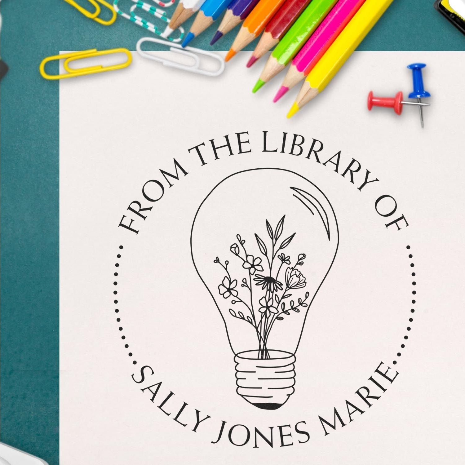 Wood Handle Flowers inside a Light Bulb Custom Bookplate Stamp - Engineer Seal Stamps