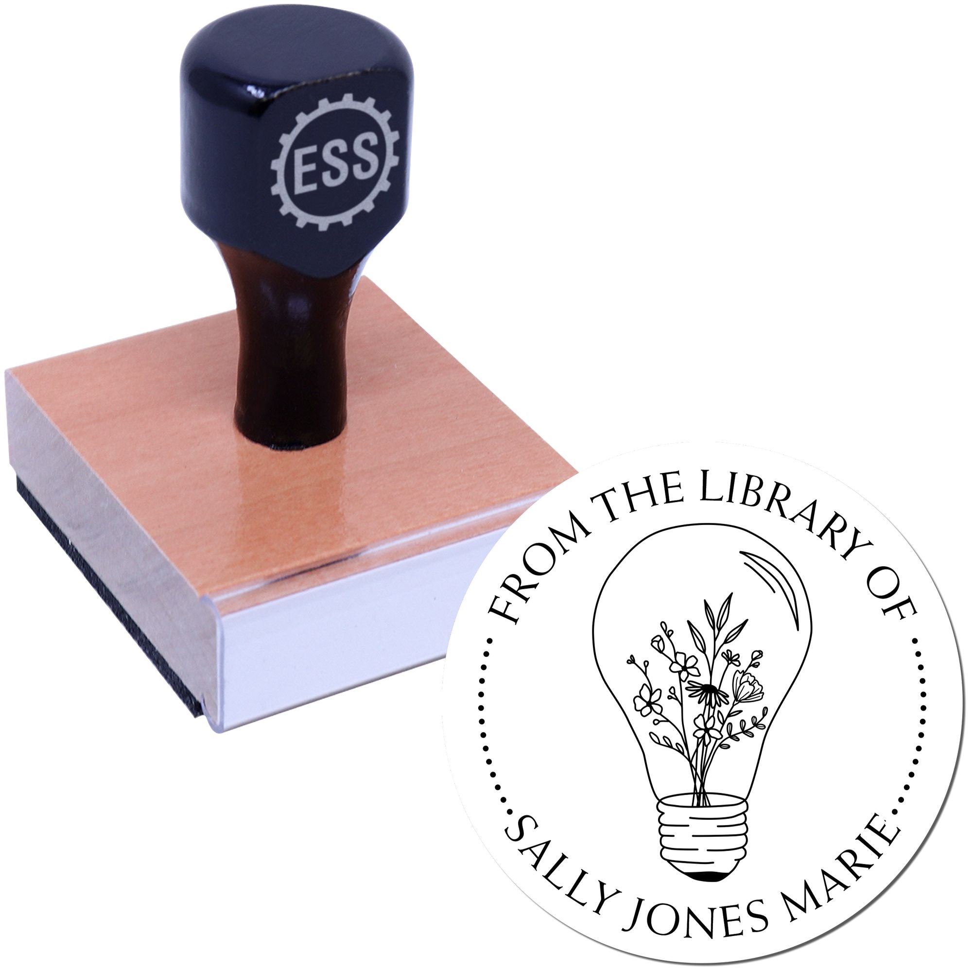 Wood Handle Flowers inside a Light Bulb Custom Bookplate Stamp - Engineer Seal Stamps