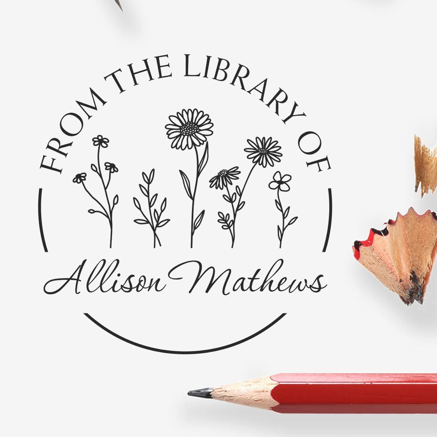 Pre-Inked Flowers all in a Line Personalized Personal Library Stamp - Engineer Seal Stamps