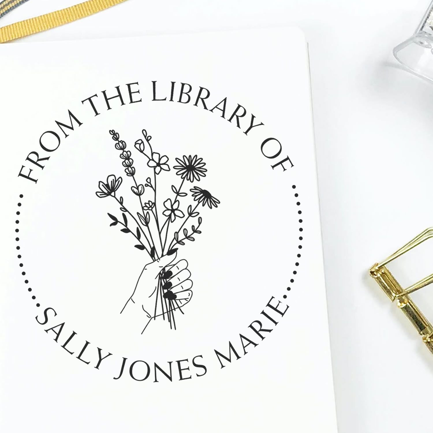 Wood Handle Holding a Bunch of Flowers Custom Bookworm Stamper - Engineer Seal Stamps