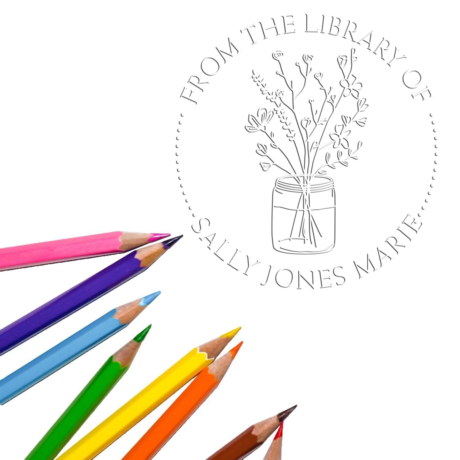 Hybrid Flowers in a Wide Glass Jar Custom Made Book Library Seal Press - Engineer Seal Stamps