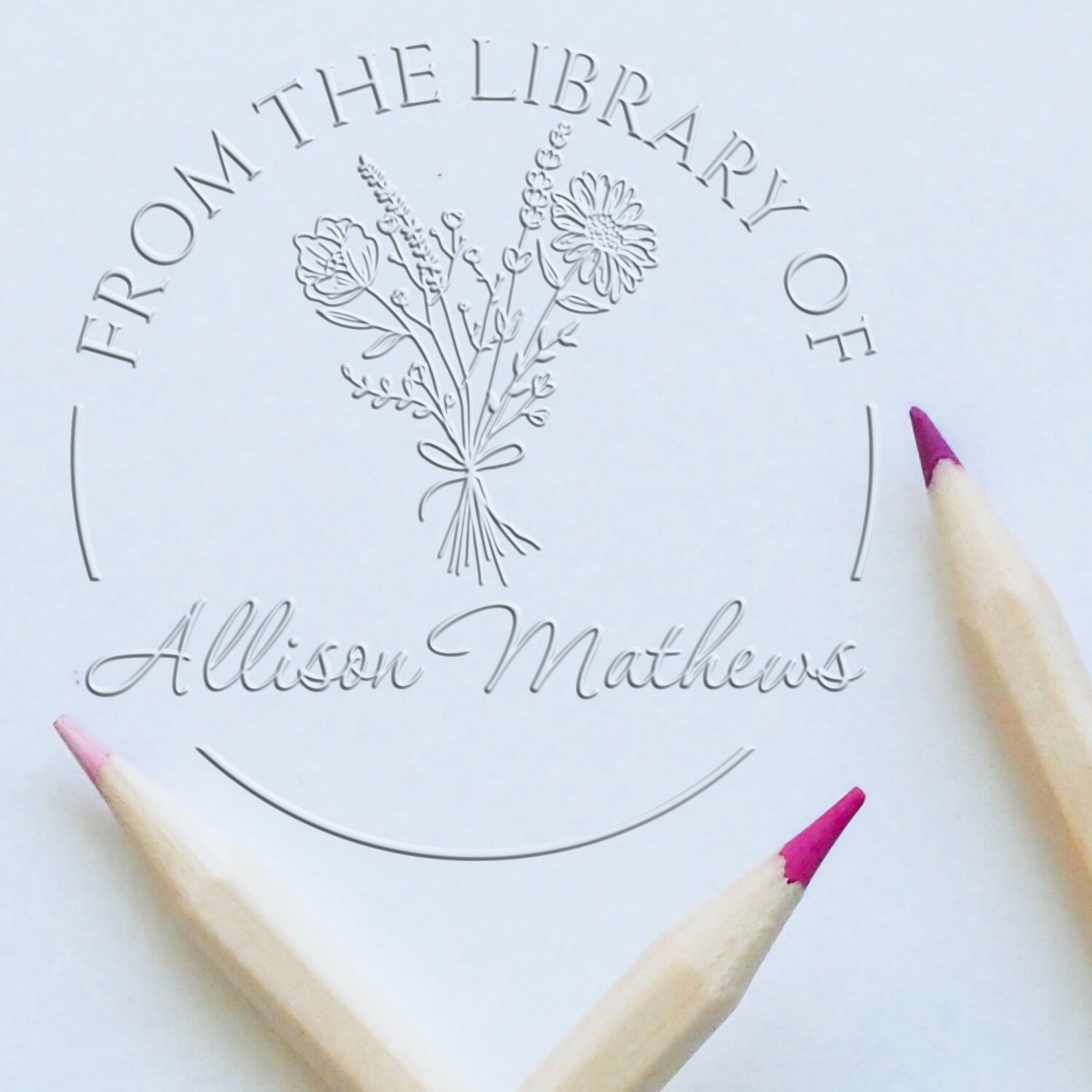 Desk Floral Bouquet with Scripted Name Custom Made Library Embossed Stamp - Engineer Seal Stamps