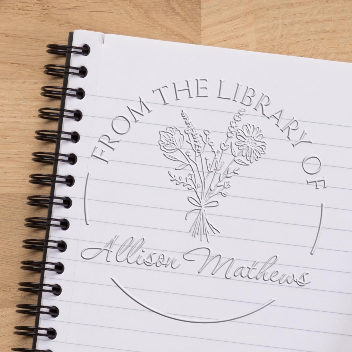 Hybrid Floral Bouquet with Scripted Name Custom Made Book Lover Embossing Seal - Engineer Seal Stamps