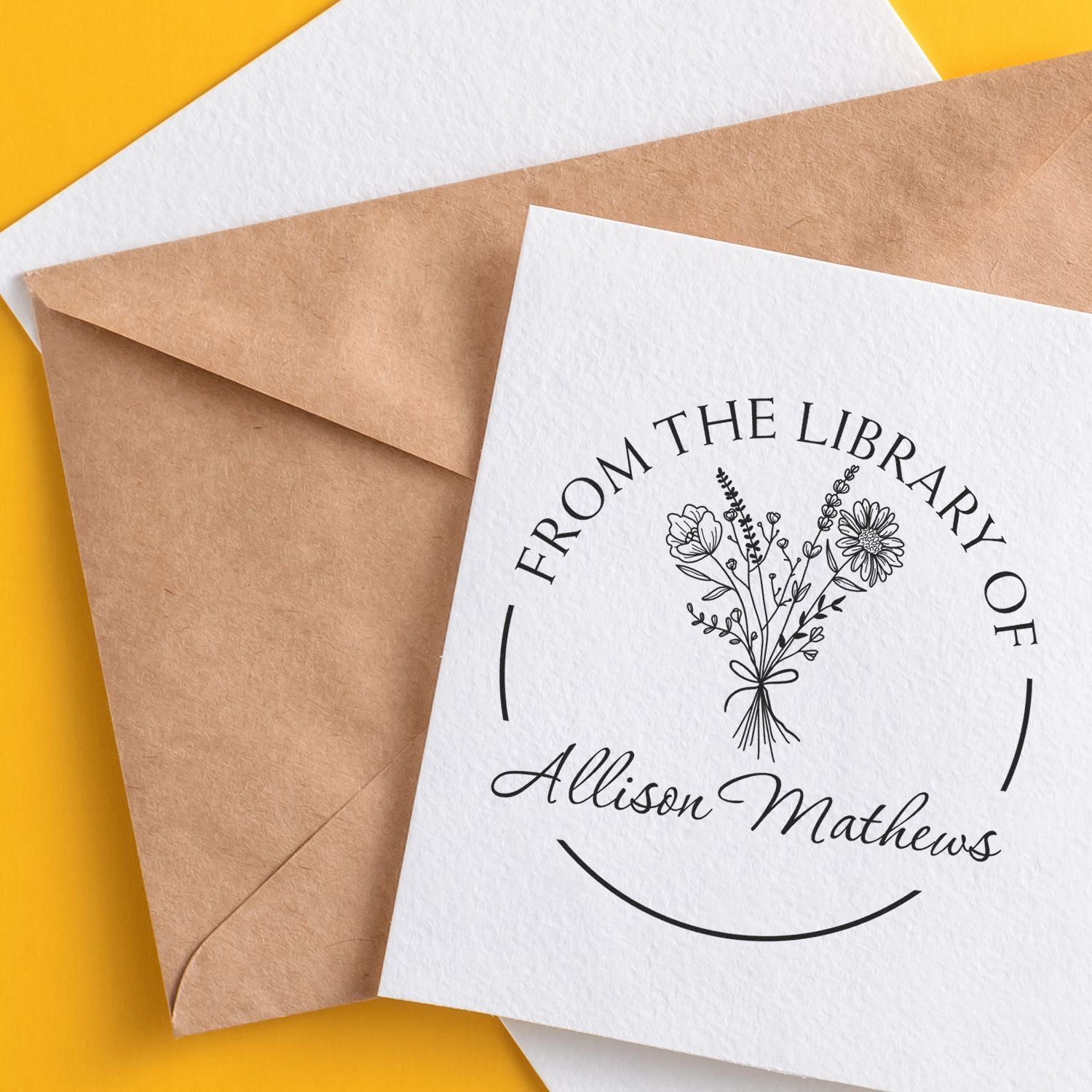 Wood Handle Floral Bouquet with Scripted Name Custom Library Stamper - Engineer Seal Stamps