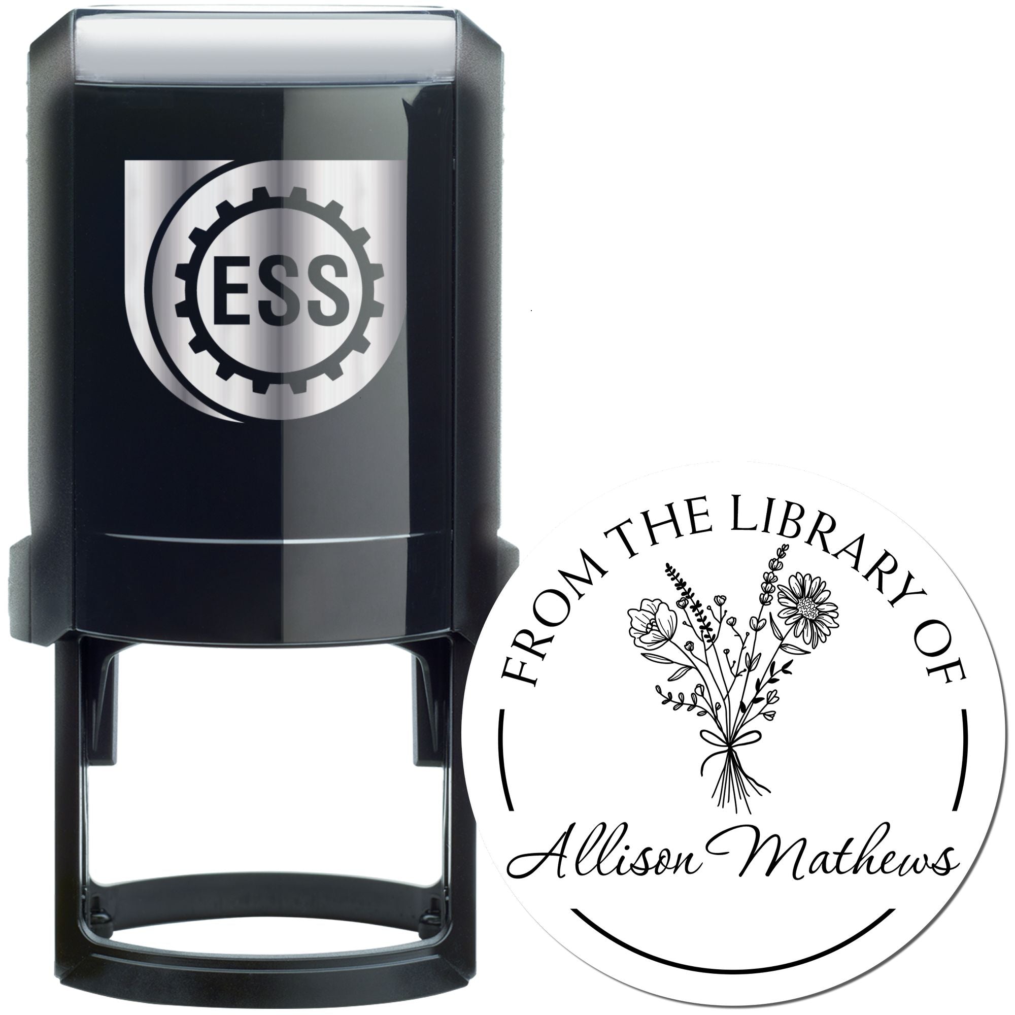 Self-Inking Floral Bouquet with Scripted Name Custom Made Book Ownership Stamper - Engineer Seal Stamps