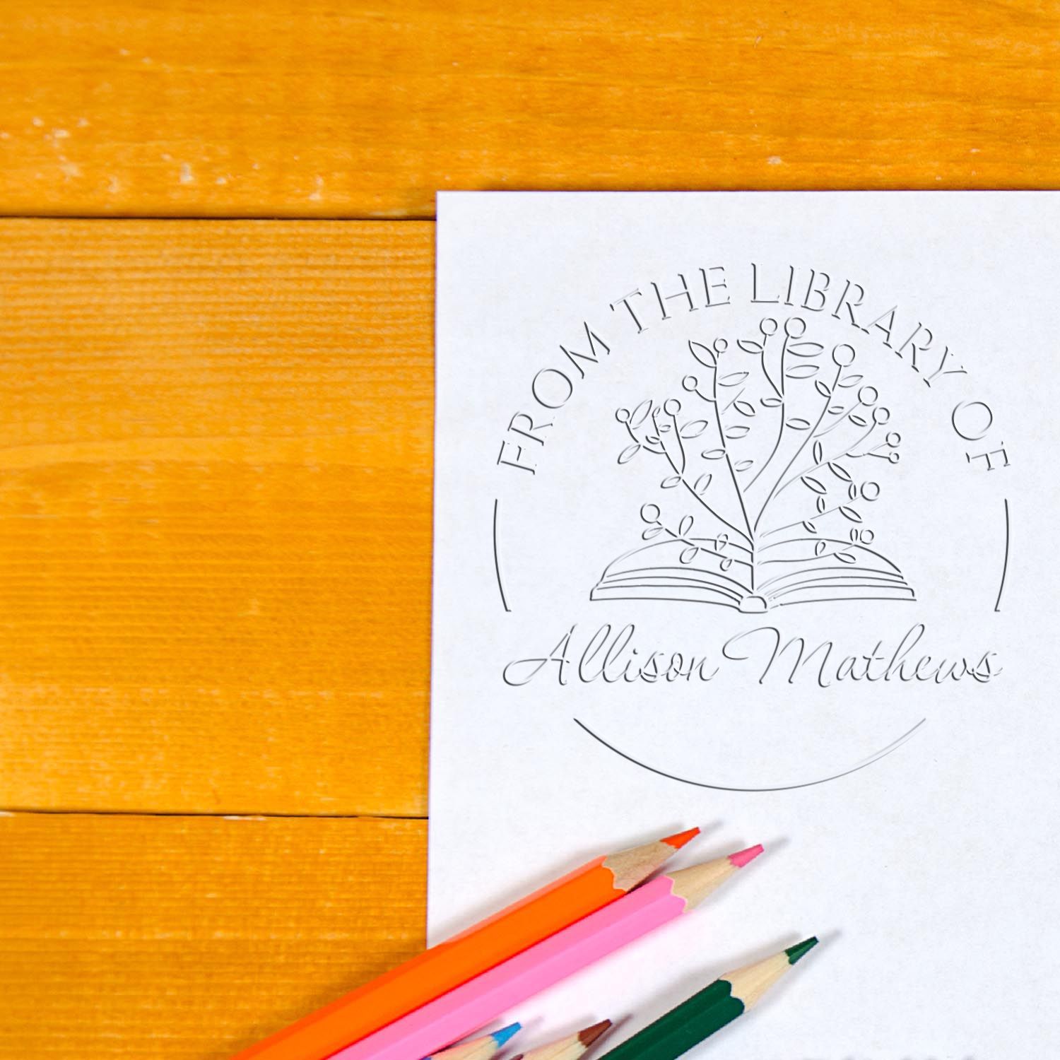 Hybrid Open Book Flowers with Scripted Name Custom Made Book Lover Embossing Stamp - Engineer Seal Stamps