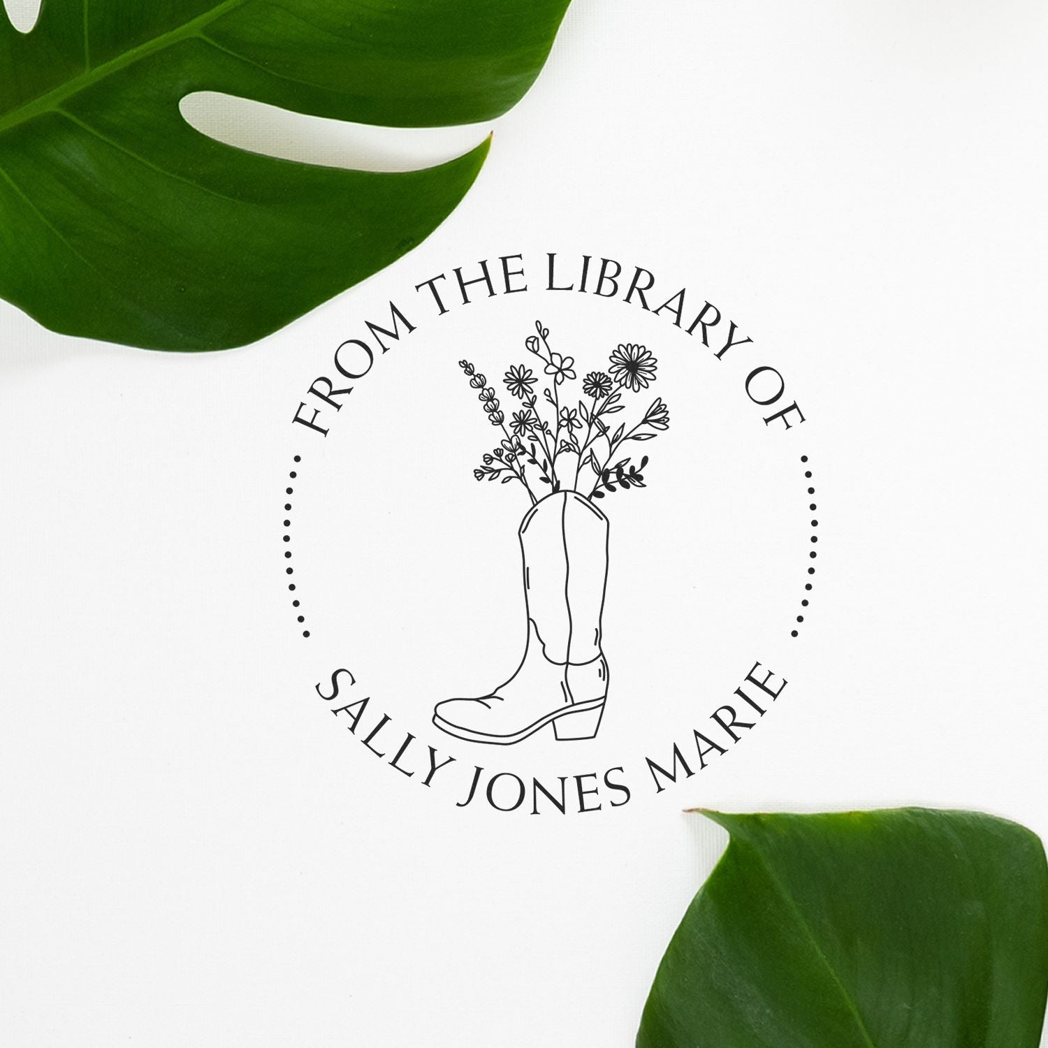 Self-Inking Cowboy Boot with Flowers Custom Made Book Ownership Label Stamper - Engineer Seal Stamps