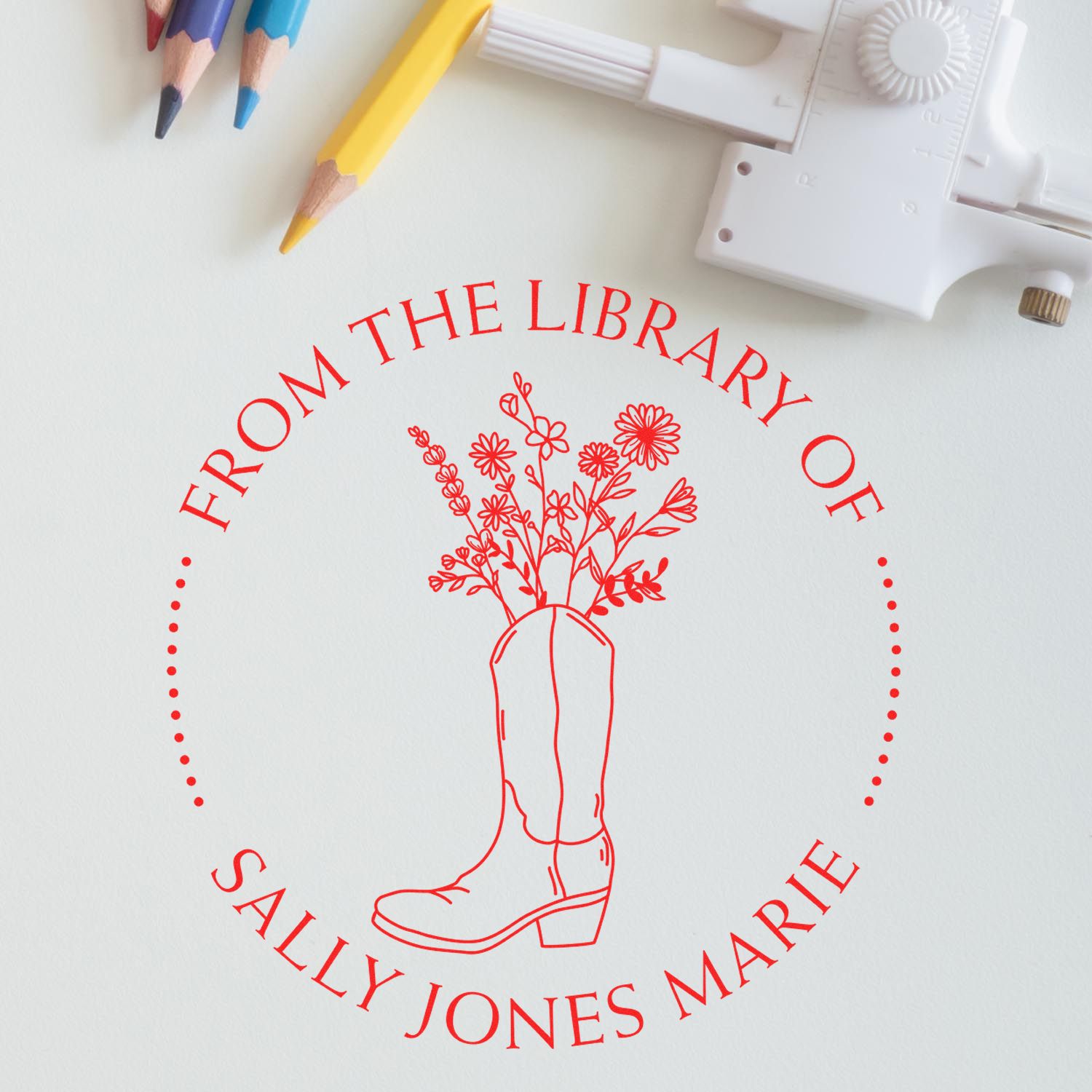 Self-Inking Cowboy Boot with Flowers Custom Made Book Ownership Label Stamper - Engineer Seal Stamps