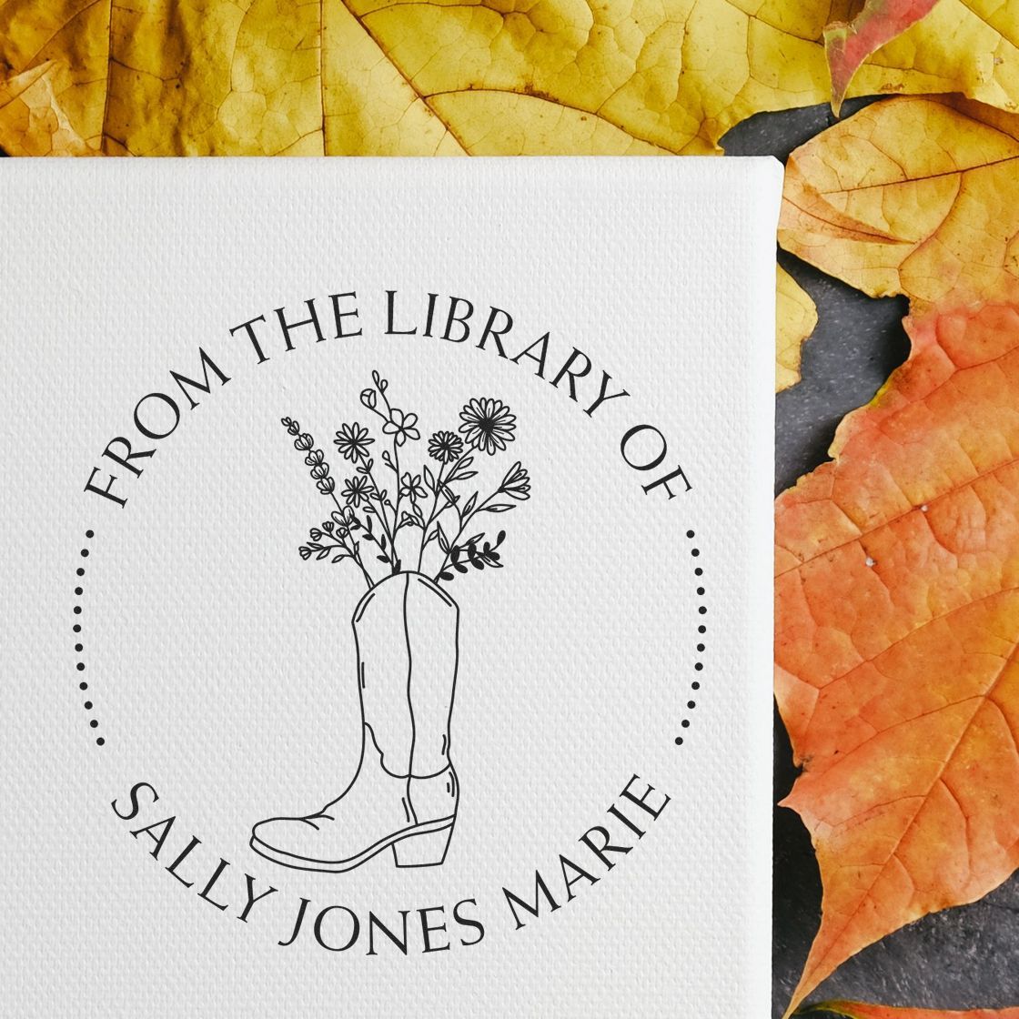 PSI Pre-Inked Cowboy Boot with Flowers Personalized Book Stamper - Engineer Seal Stamps
