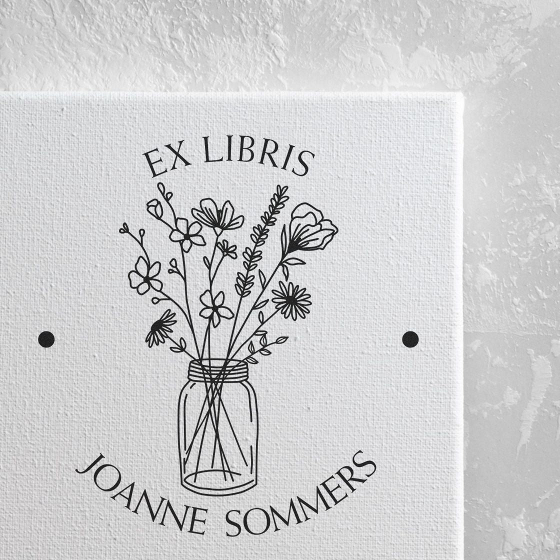 Wood Handle Flowers in Glass Jar Custom Library Name Stamp - Engineer Seal Stamps