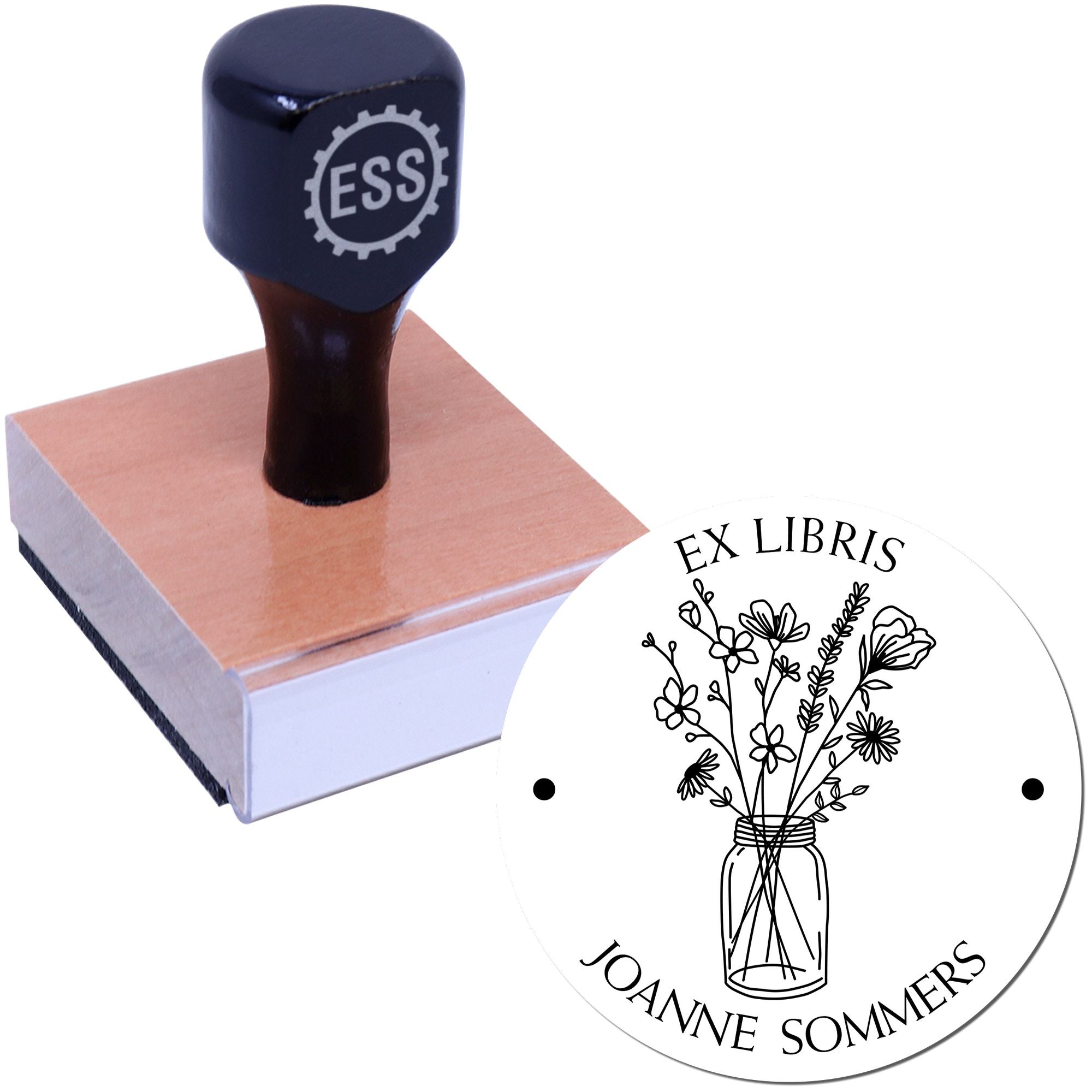 Wood Handle Flowers in Glass Jar Custom Library Name Stamp - Engineer Seal Stamps