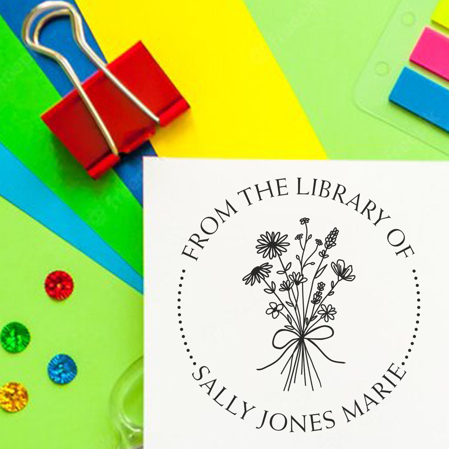 Pre-Inked Bouquet of Flowers Tied with a Bow Personalized Read It Love It Return It Stamper - Engineer Seal Stamps