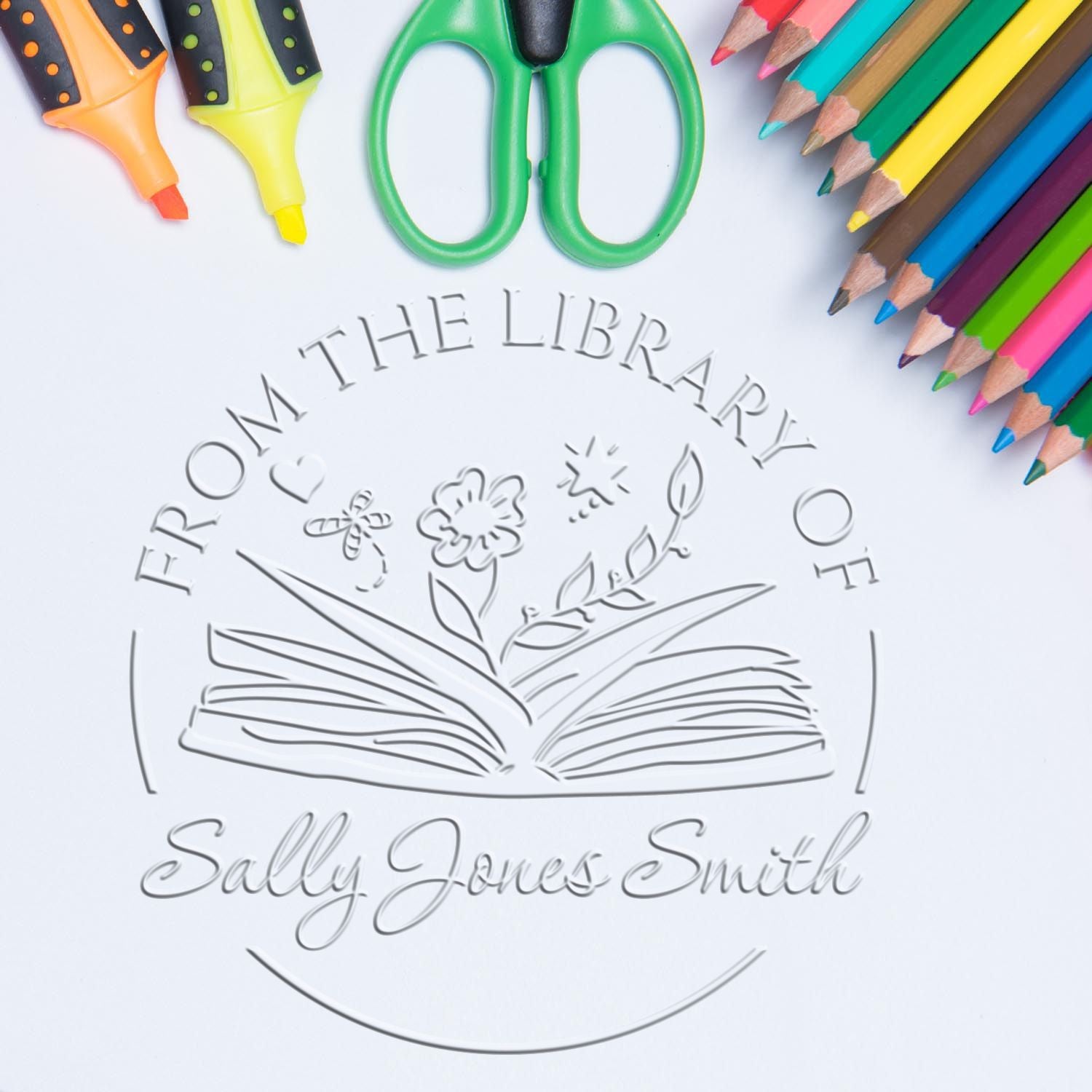Desk Stack of Books with Flowers Custom Made Library Seal Press - Engineer Seal Stamps